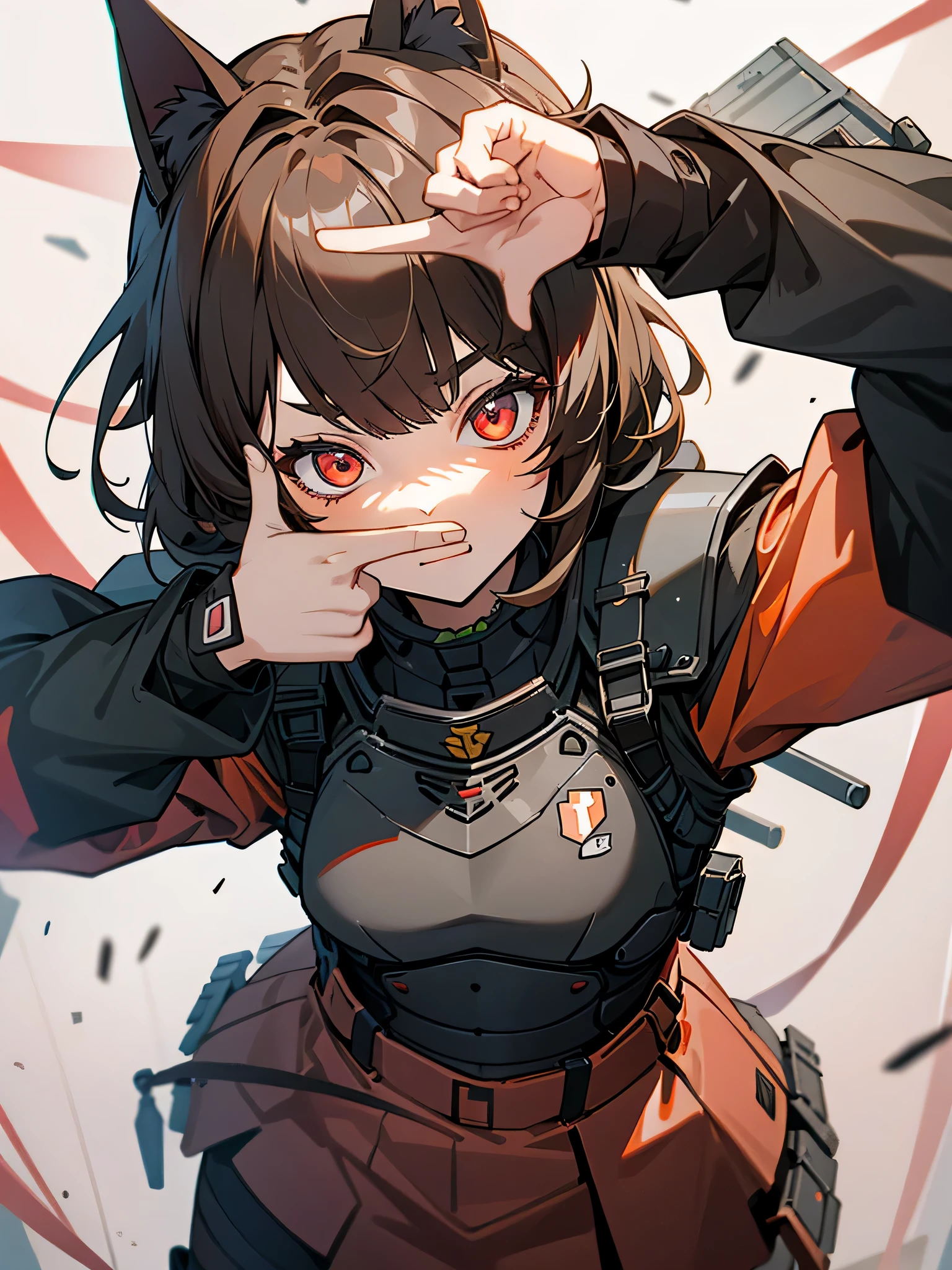 1girl, catgirl, brown hair, red eyes, military, pouches, tactical gear, cat ears, interesting perspective, ballistic armour, ballistic armor, industrial background, dubious contraptions background, portrait, closeup, finger frame