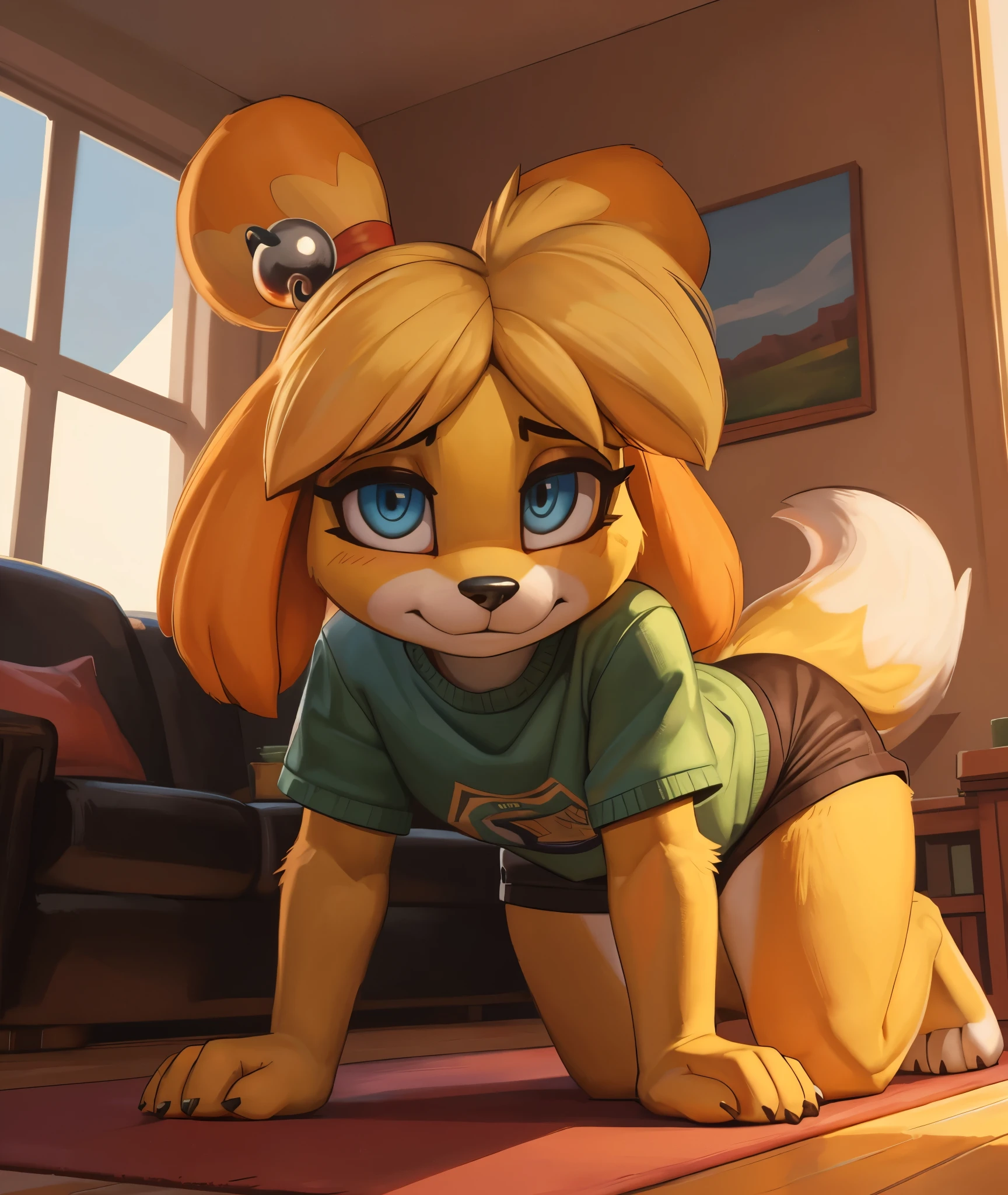 [isaCrossing], [Isabelle], [Animal Crossing], [Uploaded to e621.net; (Pixelsketcher), (wamudraws)], ((masterpiece)), ((HD)), ((high res)), ((solo portrait)), ((front view)), ((ass focus)), ((feet visible)), ((furry; anthro)), ((detailed fur)), ((detailed shading)), ((beautiful render art)), {anthro; (slim figure), yellow fur, black nose, (cute blue eyes), (blonde hair), (bells in hair), topknot, fluffy tail, (curvy hips), (beautiful legs), (beautiful feet), (blushing), (cute smirk)}, (nervous expression)}, {(red ribbon in hair), (green tee shirt), (lounge shorts), (orange drawstrings)}, {(on floor), (all fours), (nervous demeanor), (looking at viewer)}, [background; (living room), (rug), (window), (blue sky), (sun rays), (ambient lighting)]