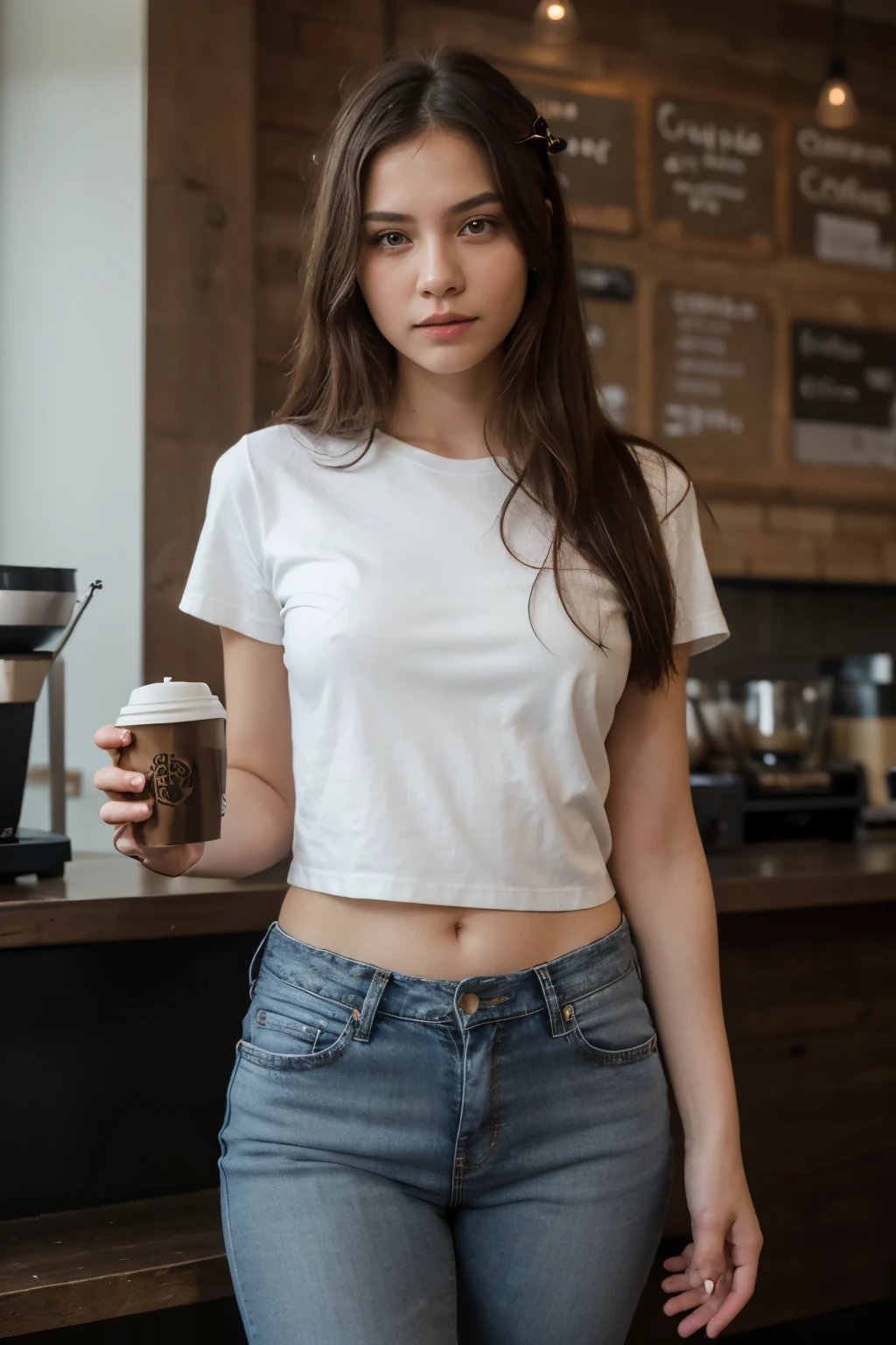 1 girl, long hair, Black t-shirt with lining, Jeans, (Isolated on the coffee shop background:1.2), dynamic gesture, (soft light:1.2), Shot with Canon EOS 5D, best quality, Ultra high resolution, (realistic:1.4), Masterpiece, White skin in real life, Hyper Real, attitude, beautiful eyes, Beautiful fingers, and detailed Thai faces,