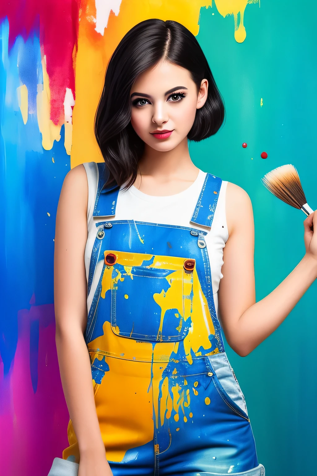 Seductive image of a girl in overalls, Showing off a beautiful asymmetric cut style. Painting techniques show dramatic expression, Massive application of paint with fascinating splatters and drops. Drips of paint run down the canvas, Create intricate patterns that interact with the girl&#39;s overall outfit。. By using bold colors and textured brushstrokes、Adds vibrancy and depth to the scene。. ((masterpiece: 1.6)), 1 girl, asymmetric cut overalls: 1.4, abstract: 1.1, Splatter Art, Bright colors, playful,