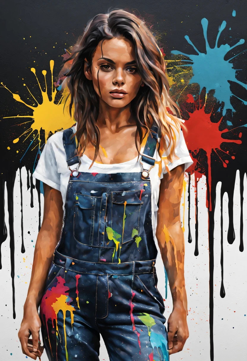 Seductive image of a girl in overalls, Showing off a beautiful asymmetric cut style. Painting techniques show dramatic expression, Massive application of paint with fascinating splatters and drops. Drips of paint run down the canvas, Create intricate patterns that interact with the girl&#39;s overall outfit。. By using bold colors and textured brushstrokes、Adds vibrancy and depth to the scene。. ((masterpiece: 1.6)), 1 girl, asymmetric cut overalls: 1.4, abstract: 1.1, Splatter Art, Bright colors, playful,