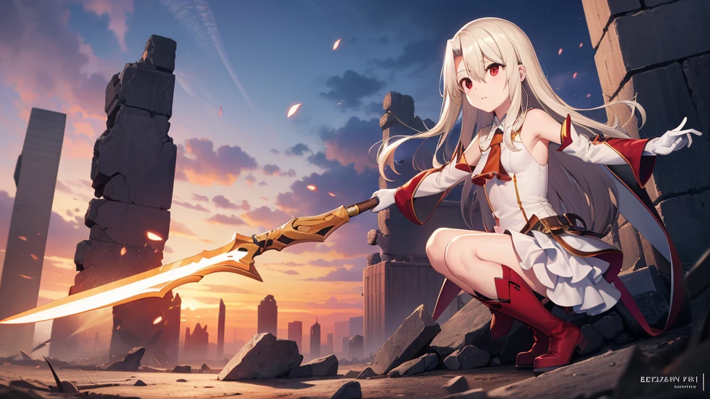 Illyasviel von Einzbern, blonde hair, hair between eyes, long hair, (red eyes:1.5),
 boots, Detached sleeves, , White gloves, white skirt, absolute chance,Holding the flaming ax，The ruins of the sky，Berserkeeld of strength