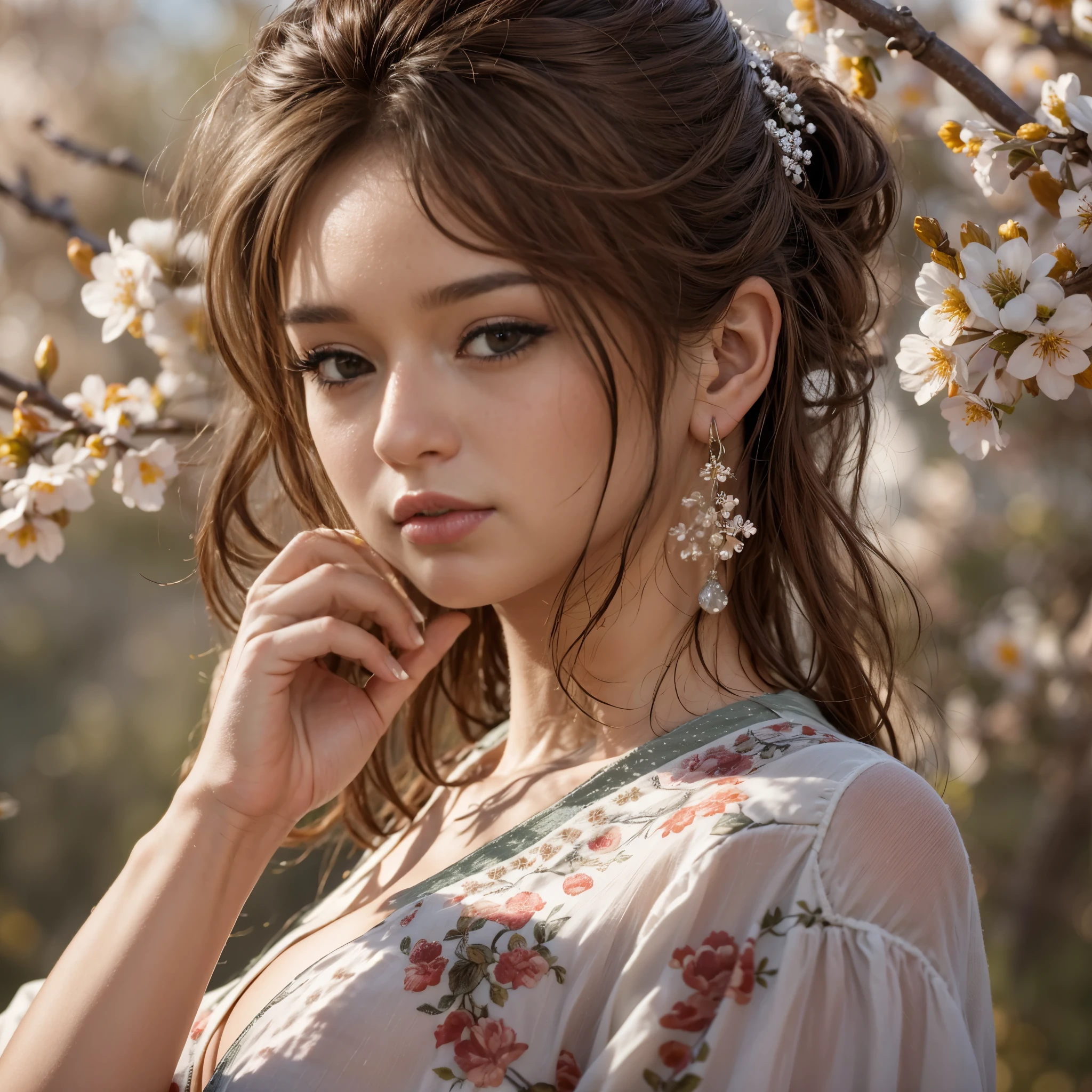 masterpiece,extremely detailed CG unity 8k wallpaper,1girl, beautiful, realistic, blurry, blurry_background, blurry_foreground, branch, brown_hair, plum blossom, depth_of_field, earrings, flower, jewelry, realistic, solo,chinese cloth,only wearing a bra, renatadaninsky