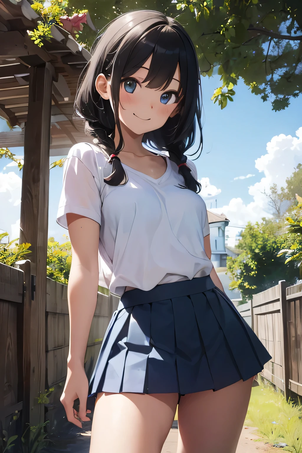 Anime girl in a short skirt and white shirt posing for a picture - SeaArt AI