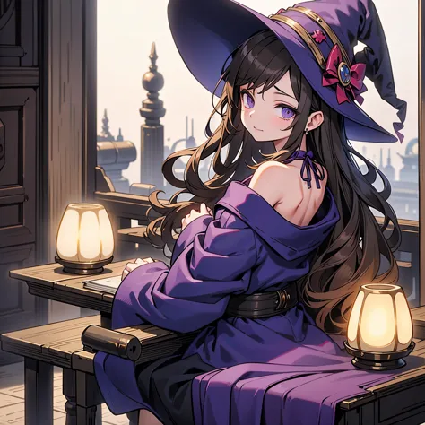 1 girl, witch, back to camera, brown hair, her hair fluttering in the breeze, purple witch hat, magician's robe, anime,anime,Jap...