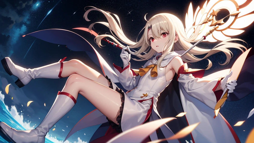 Illyasviel von Einzbern, blonde hair, hair between eyes, long hair, (red eyes:1.5),
 boots, Detached sleeves, , White gloves, Blue cloak robe, absolute chance,holding a bow and arrow，shooter，Traveling to the stars，Searching for stars at night，Wisdom field，Fall of Kongyu，divine water element