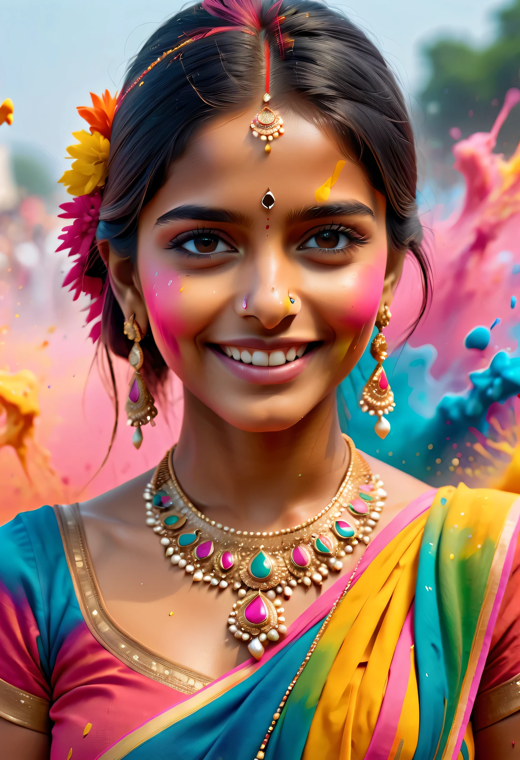 (best picture quality，4K,8k，HD，masterpiece:1.2)，Super detailed，(lifelike，lifelike，lifelike:1.37)。Indian festivals，painting festival，ink splatter：1.37，splatted paint：1.37.Beautiful little indian girl posing，Face painted with colorful paint，golden eyes，exquisite gold jewelry，happy，happiness，contagious smile，Colorful costumes，colored nails，身上被splatted paint，Splashing colorful paint at the event，paint splatter background，彩色splatted paint，Energetic movement，Dynamic and powerful abstract art，colorful，propylene，Vivid rainbow hues，happiness活泼的气氛，Bright orange，pink，Whimsical and dreamy，spontaneous splash，bold color contrast。