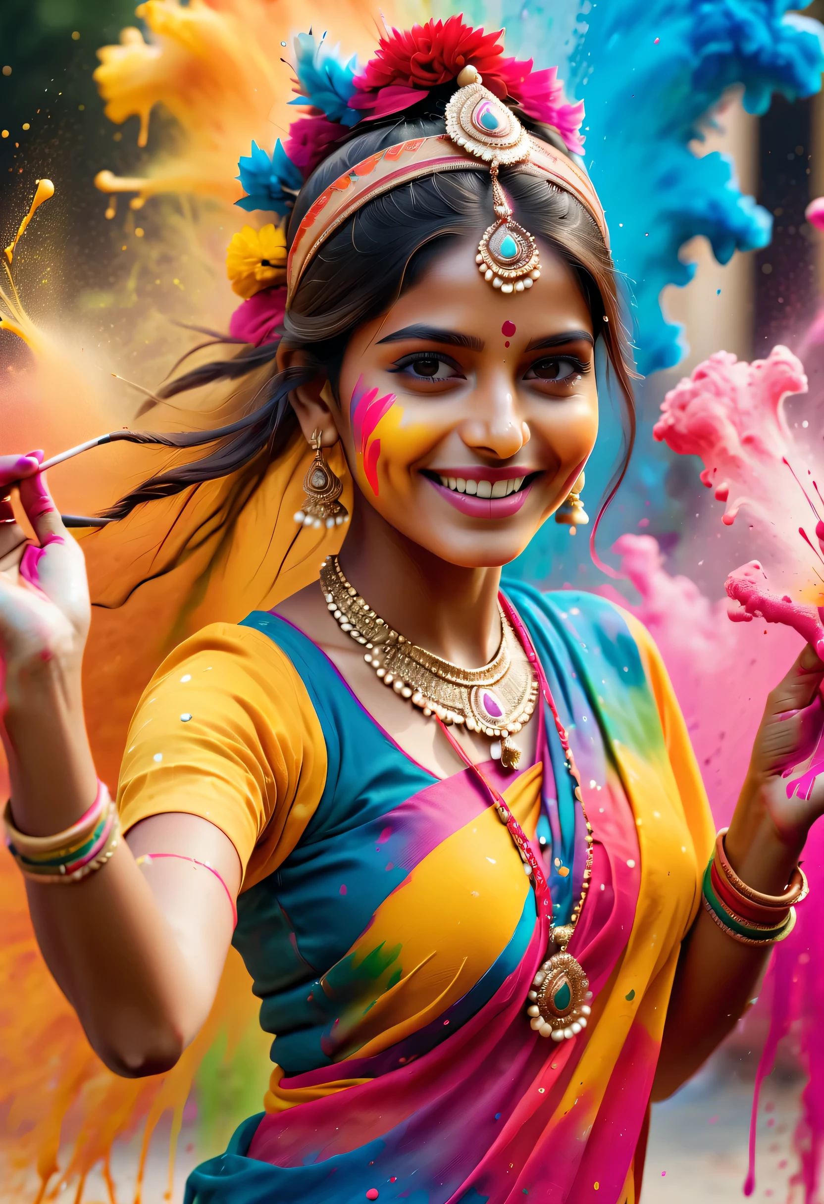(best picture quality，4K,8k，HD，masterpiece:1.2)，Super detailed，(lifelike，lifelike，lifelike:1.37)。Indian festivals，painting festival，ink splatter：1.37，splatted paint：1.37.Beautiful little indian girl posing，Face painted with colorful paint，golden eyes，exquisite gold jewelry，happy，happiness，contagious smile，Colorful costumes，colored nails，身上被splatted paint，Splashing colorful paint at the event，paint splatter background，彩色splatted paint，Energetic movement，Dynamic and powerful abstract art，colorful，propylene，Vivid rainbow hues，happiness活泼的气氛，Bright orange，pink，Whimsical and dreamy，spontaneous splash，bold color contrast。