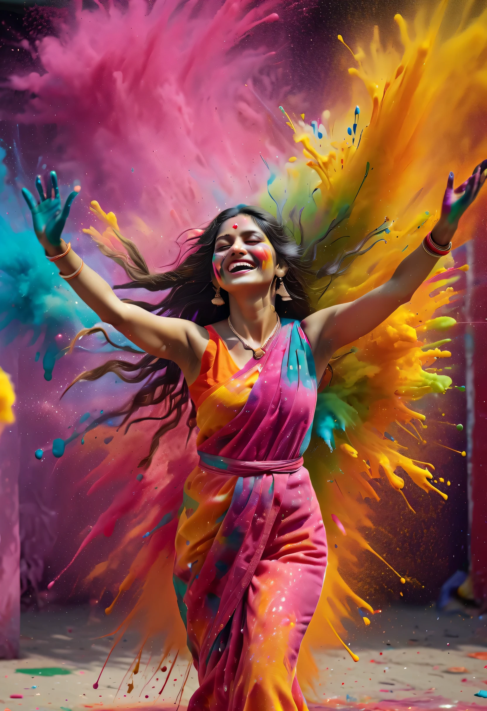 (best picture quality，4K,8k，HD，masterpiece:1.2)，Super detailed，(lifelike，lifelike，lifelike:1.37)。Indian festivals，painting festival，ink splatter：1.37，splatted paint：1.37.Beautiful little indian girl posing，Face painted with colorful paint，golden eyes，exquisite gold jewelry，happy，happiness，contagious smile，Colorful costumes，colored nails，身上被splatted paint，Splashing colorful paint at the event，paint splatter background，彩色splatted paint，Energetic movement，Dynamic and powerful abstract art，colorful，propylene，Vivid rainbow hues，happiness活泼的气氛，Bright orange，pink，Whimsical and dreamy，spontaneous splash，bold color contrast。