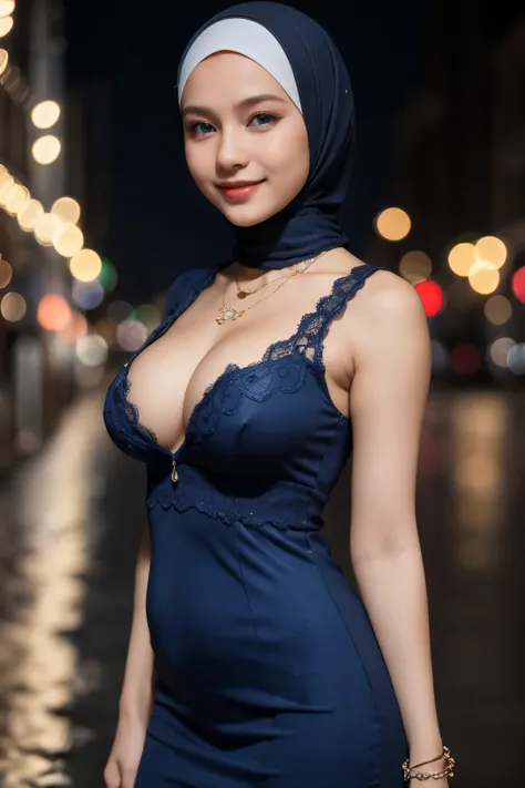 Beautiful, cute baby Face, 17 Years old russian lolita Girl, blue eyes, (wearing hijab) and sexy blue lace kebaya dress, Rounded small Breast, open breast, nipple, nude, slightly Chubby , luxury necklace, White Skin, Smiling, Dark City Background, mid shot...