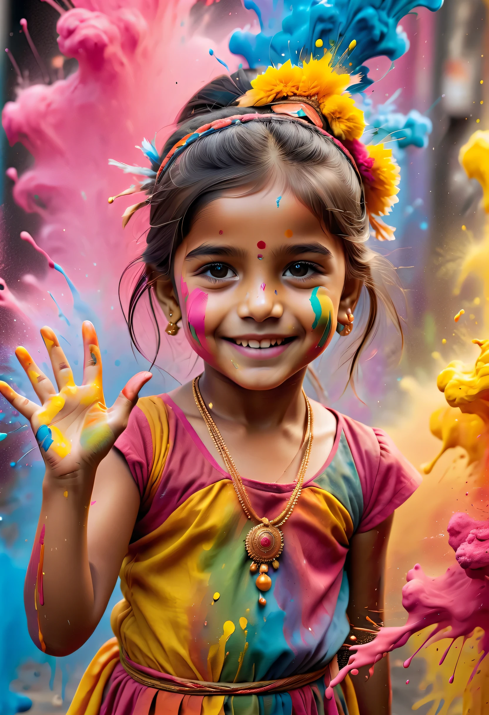 (best picture quality，4K,8k，HD，masterpiece:1.2)，Super detailed，(lifelike，lifelike，lifelike:1.37)。Indian festivals，painting festival，ink splatter：1.37，splatted paint：1.37.Beautiful little indian girl posing，Face painted with colorful paint，golden eyes，exquisite gold jewelry，happy，happiness，contagious smile，Colorful costumes，colored nails，身上被splatted paint，Splashing colorful paint at the event，paint splatter background，彩色splatted paint，Energetic movement，Dynamic and powerful abstract art，colorful，propylene，Vivid rainbow hues，happiness活泼的气氛，Bright orange，pink，Whimsical and dreamy，spontaneous splash，bold color contrast。