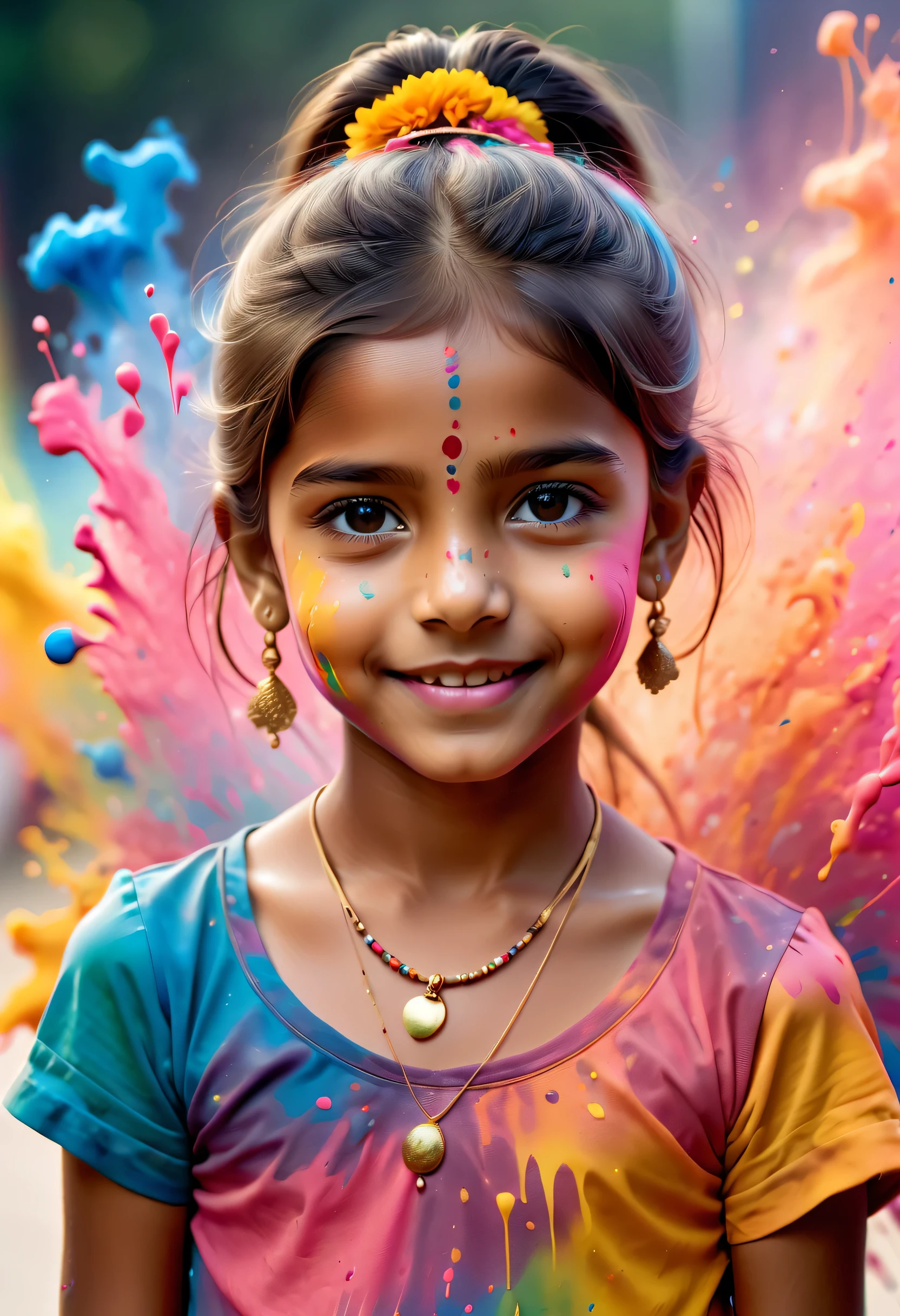 (best picture quality，4K,8k，HD，masterpiece:1.2)，Super detailed，(lifelike，lifelike，lifelike:1.37)。Indian festivals，painting festival，ink splatter：1.37，splatted paint：1.37.Beautiful little indian girl posing，Face painted with colorful paint，golden eyes，exquisite gold jewelry，happy，happiness，contagious smile，Colorful costumes，colored nails，身上被splatted paint，Splashing colorful paint at the event，paint splatter background，彩色splatted paint，Energetic movement，Dynamic and powerful abstract art，colorful，propylene，Vivid rainbow hues，happiness活泼的气氛，Bright orange，pink，Whimsical and dreamy，spontaneous splash，bold color contrast。