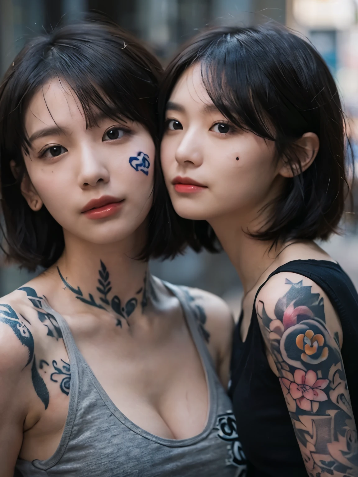 Two asian women with tattoos on their arms and shoulder - SeaArt AI