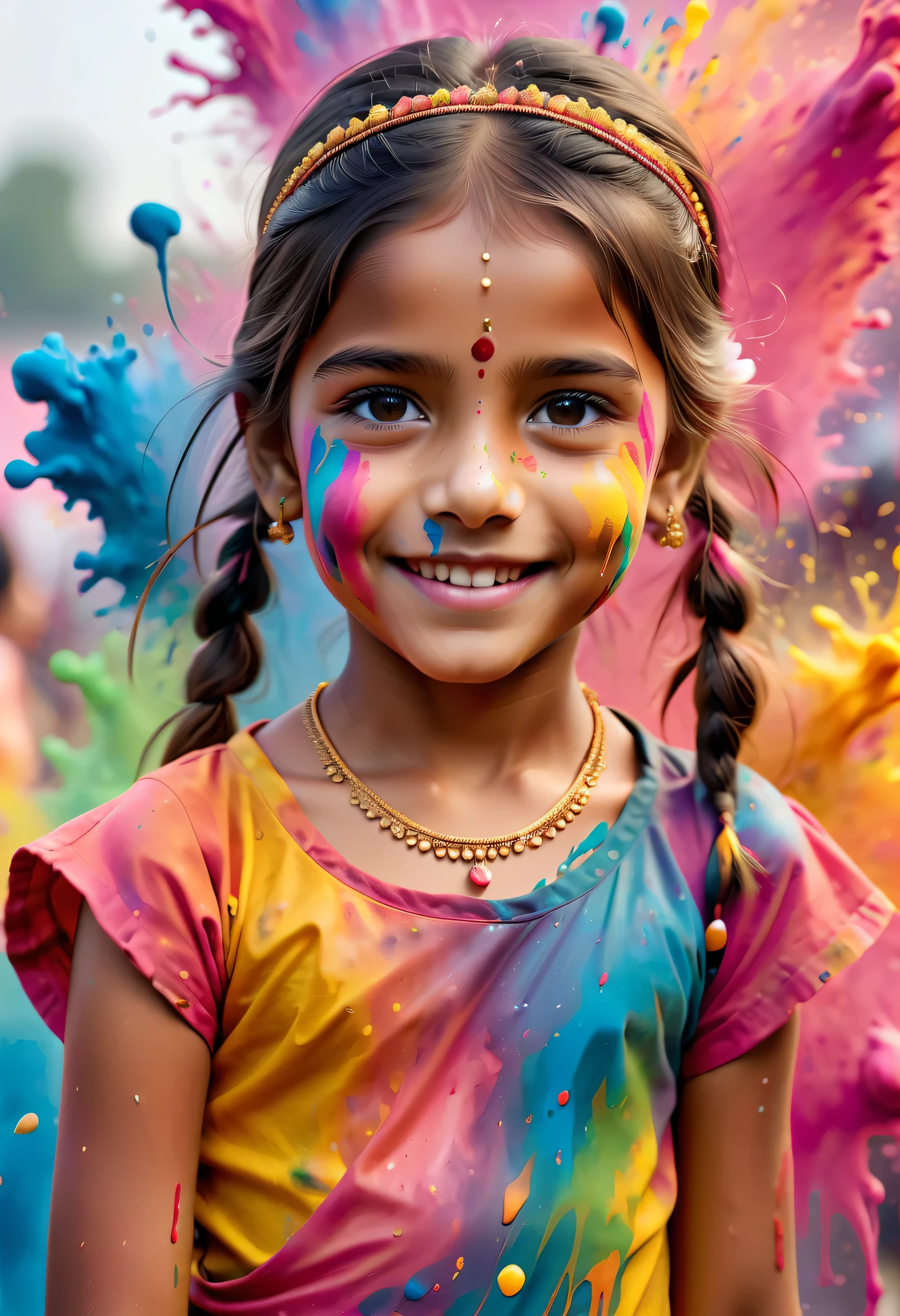 (best picture quality，4K,8k，HD，masterpiece:1.2)，Super detailed，(lifelike，lifelike，lifelike:1.37)。Indian festivals，painting festival，ink splatter：1.37，splatted paint：1.37.beautiful indian ，Face painted with colorful paint，golden eyes，exquisite gold jewelry，happy，happiness，contagious smile，Colorful costumes，colored nails，Paint splattered all over，Splashing colorful paint at the event，paint splatter background，Colorful splatted paint，Energetic movement，Dynamic and powerful abstract art，colorful，propylene，Vivid rainbow hues，happiness lively atmosphere，Bright orange，pink，Whimsical and dreamy，spontaneous splash，bold color contrast。