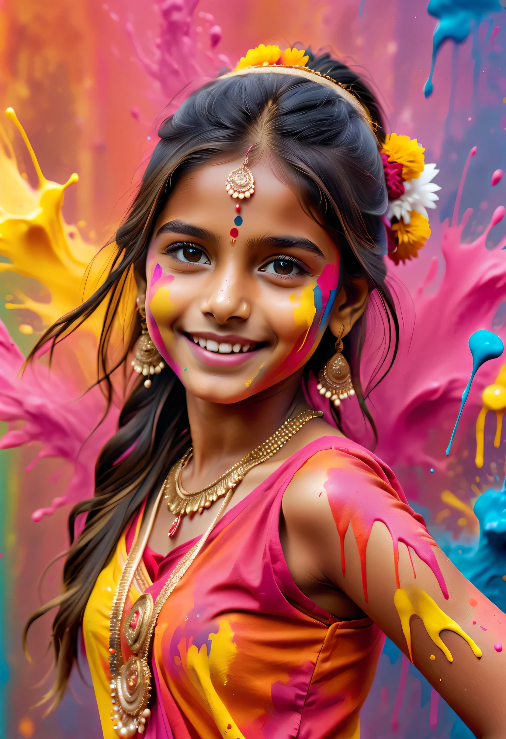 (最佳影像品質，4k,8K，高畫質，傑作:1.2)，超詳細，(逼真，逼真，逼真:1.37)。印度节日，绘画节，墨水飞溅：1.37，潑漆：1.37.漂亮矮小的印度女孩摆姿势，Face painted with 豐富多彩的 paint，金色的眼睛，精美的黄金首饰，快樂的，幸福，富有感染力的微笑，色彩繽紛的服飾，彩色指甲，身上被潑漆，Splashing 豐富多彩的 paint at the event，油漆飛濺背景，彩色潑漆，充满活力的运动，動態而有力的抽象藝術，豐富多彩的，丙烯，鮮豔的彩虹色調，幸福活泼的气氛，亮橘色，粉紅色的，異想天開又夢幻，自發性飛濺，大胆的色彩对比。