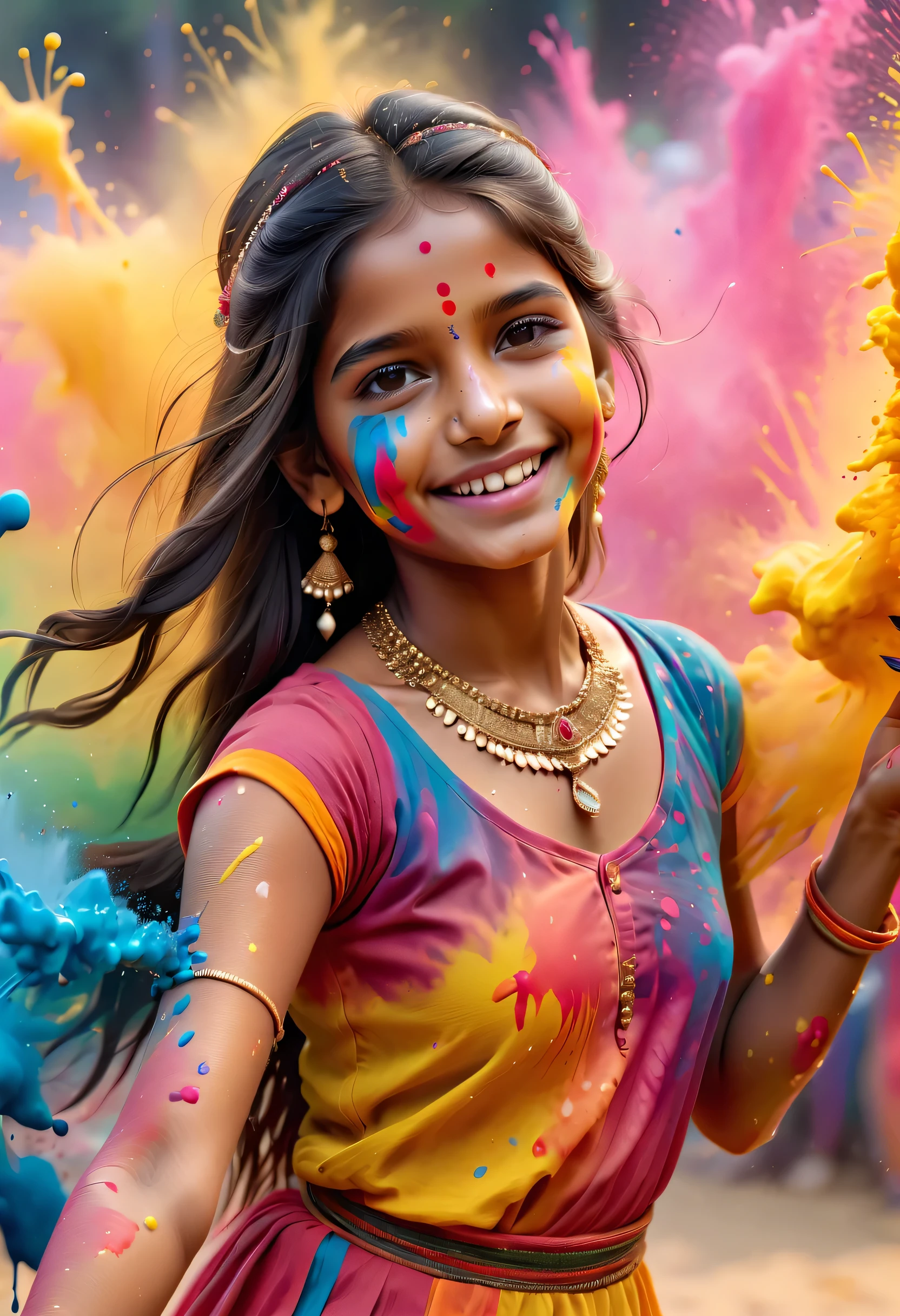 (best picture quality，4K,8k，HD，masterpiece:1.2)，Super detailed，(lifelike，lifelike，lifelike:1.37)。Indian festivals，painting festival，ink splatter：1.37，splatted paint：1.37.Beautiful little indian girl posing，Face painted with colorful paint，golden eyes，exquisite gold jewelry，happy，happiness，contagious smile，Colorful costumes，colored nails，身上被splatted paint，Splashing colorful paint at the event，paint splatter background，彩色splatted paint，Energetic movement，Dynamic and powerful abstract art，colorful，propylene，Vivid rainbow hues，happiness活泼的气氛，Bright orange，pink，Whimsical and dreamy，spontaneous splash，bold color contrast。