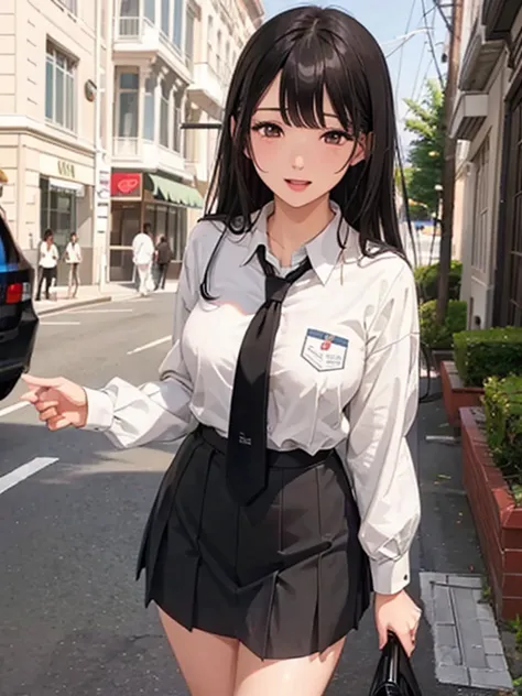 a girl in school uniform, medium breasts, flirtatious look, very well detailed, academy scenery, long black hair, photorealistic...
