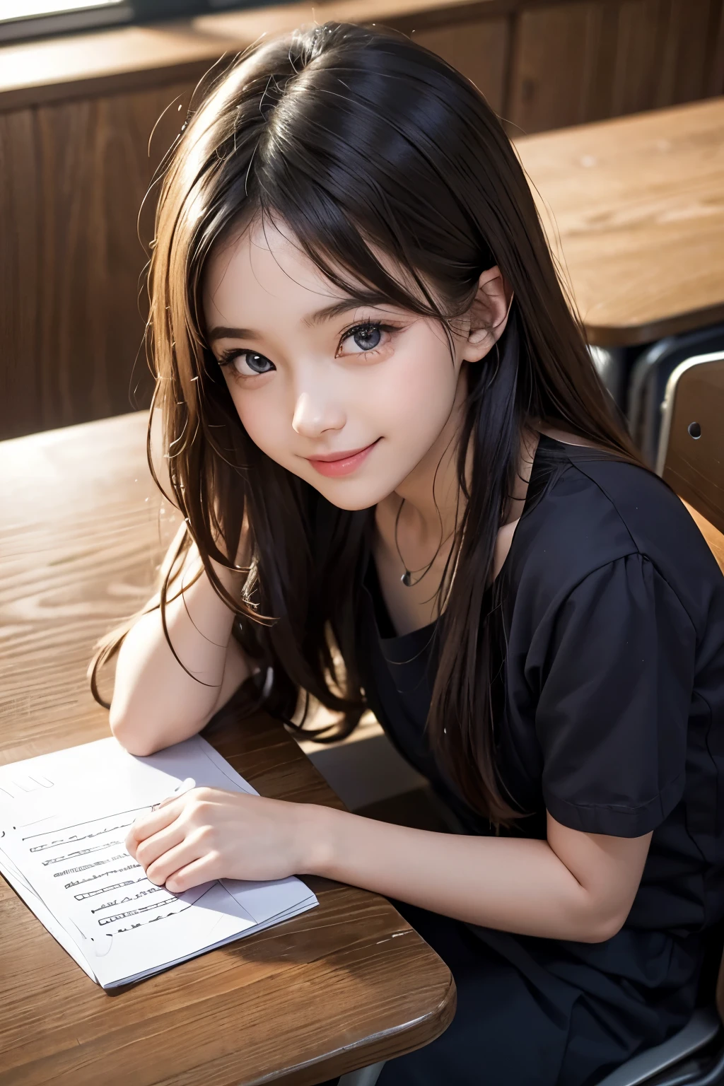 A close up of a young woman sitting at a table with a book - SeaArt AI