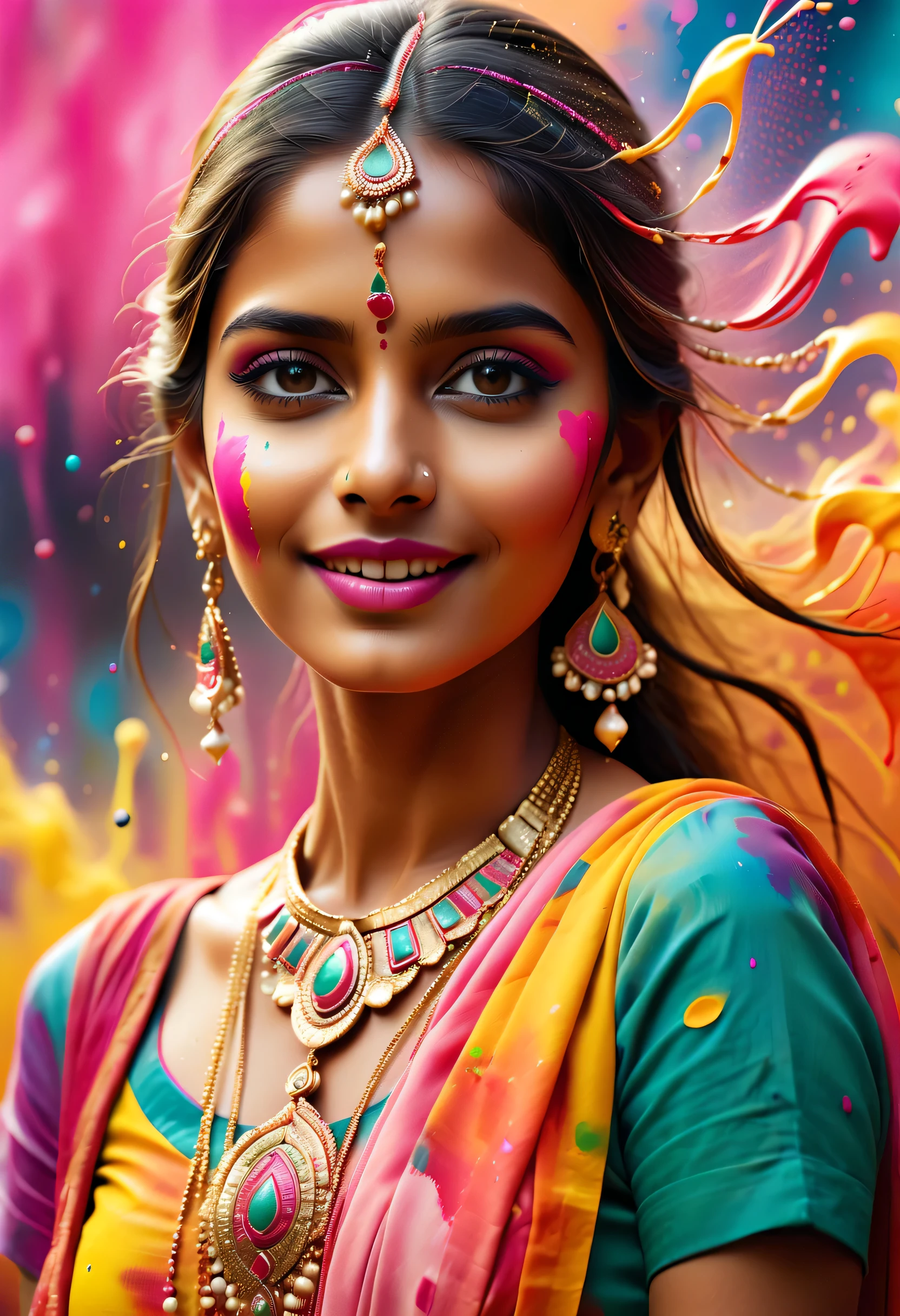 (best picture quality，4K,8k，HD，masterpiece:1.2)，Super detailed，(lifelike，lifelike，lifelike:1.37)。Indian festivals，painting festival，splatted paint：1.37.beautiful Indian girl，Face painted with colorful paint，golden eyes，exquisite gold jewelry，happy，happiness，contagious smile，Colorful costumes，colored nails，Paint splattered all over，photography，motion capture，Splashing colorful paint at the event，paint splatter background，Colorful splatted paint，Energetic movement，Dynamic and powerful abstract art，colorful，propylene，Vivid rainbow hues，happiness lively atmosphere，Bright orange，pink，Whimsical and dreamy，spontaneous splash，bold color contrast。