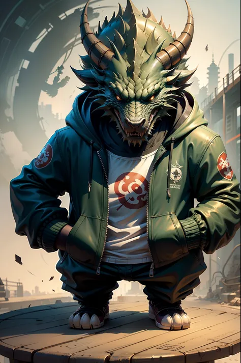 C4tt4stic, Cartoon Dragon in jacket green and skateboard, background China