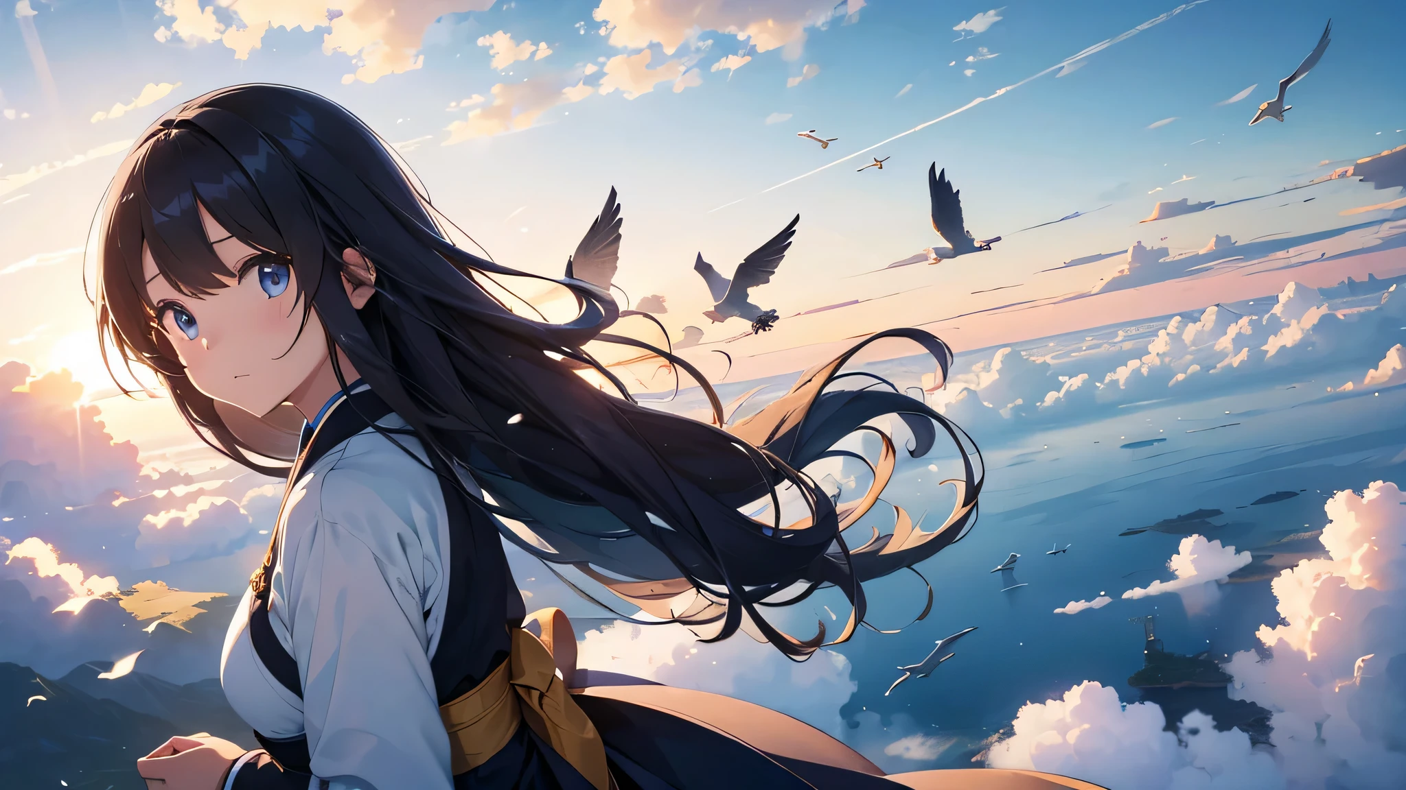 A girl flies in the sky，Sunlight，Baiyun，blue sky，A bird in fly，Wearing HANFU，big deal ，full-body shot，long hair，blue eyes，looking at the screen，sea of clouds，Plane in the distance，detail，hanfu，hanfu，hanfu，