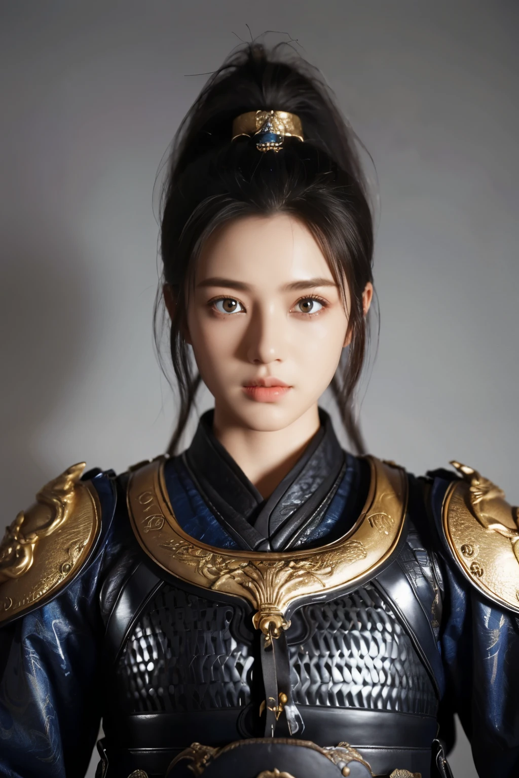 Game art，The best picture quality，Highest resolution，8K，(A bust photograph)，(Portrait)，(Head close-up)，(Rule of thirds)，Unreal Engine 5 rendering works， (The Girl of the Future)，(Female Warrior)， 
20-year-old girl，(The generals of ancient China)，An eye rich in detail，(Big breasts)，Elegant and noble，indifferent，brave，
(Wearing ancient Chinese style armor，Armor of the Tang Dynasty，Costumes are rich in detail，Metallic luster，Silver gray)，Chinese Characters，Fantasy style，
Photo poses，Field background，Movie lights，Ray tracing，Game CG，((3D Unreal Engine))，oc rendering reflection pattern