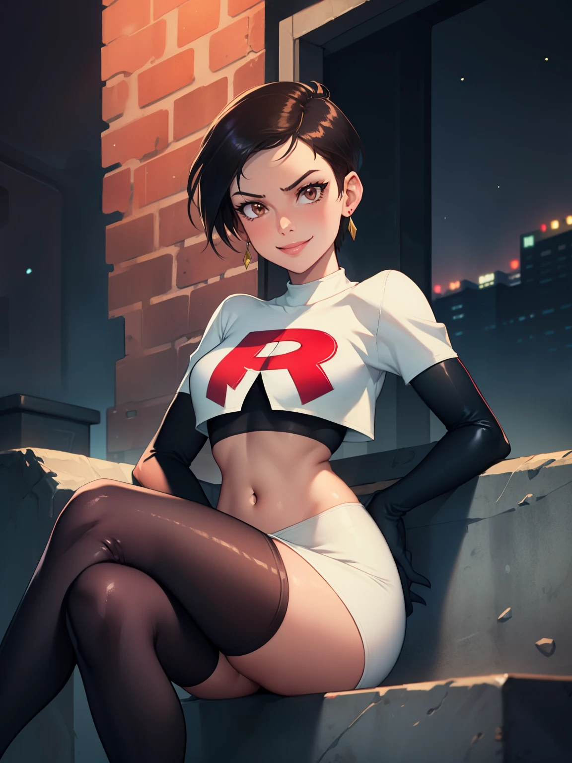 
1girl ,lois lane, tan ,short hair ,brown eyes, black hair, ,earrings, glossy lips ,team rocket uniform, red letter R, white skirt,white crop top,black thigh-high boots, black elbow gloves, evil smile, sitting down ,legs crossed, night sky background