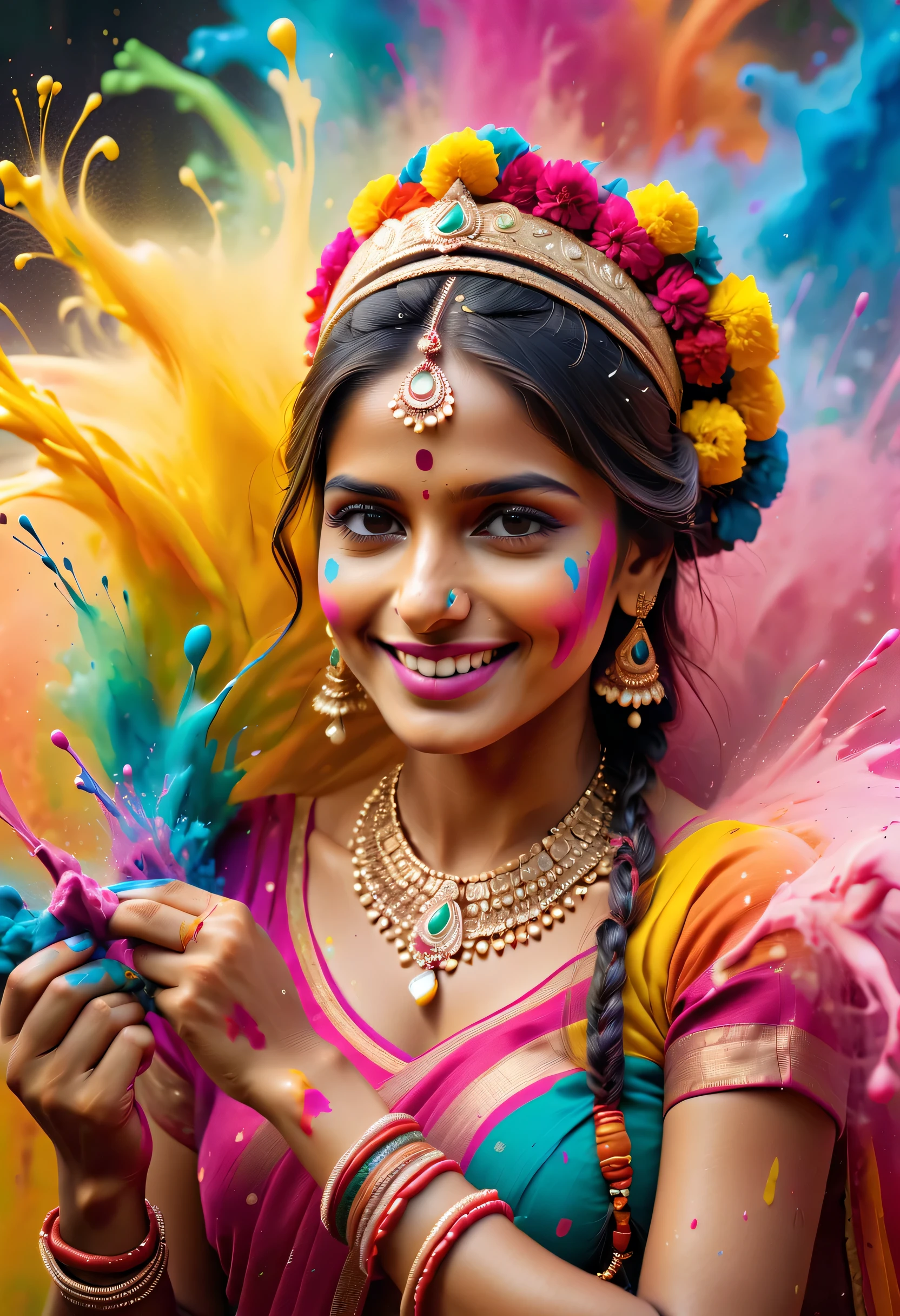 (best picture quality，4K,8k，HD，masterpiece:1.2)，Super detailed，(lifelike，lifelike，lifelike:1.37)。Indian festivals，painting festival，ink splatter：1.37，splatted paint：1.37.Beautiful little indian girl posing，Face painted with colorful paint，golden eyes，exquisite gold jewelry，happy，happiness，contagious smile，Colorful costumes，colored nails，身上被splatted paint，Splashing colorful paint at the event，paint splatter background，彩色splatted paint，Energetic movement，Dynamic and powerful abstract art，colorful，propylene，Vivid rainbow hues，happiness活泼的气氛，Bright orange，pink，Whimsical and dreamy，spontaneous splash，bold color contrast。