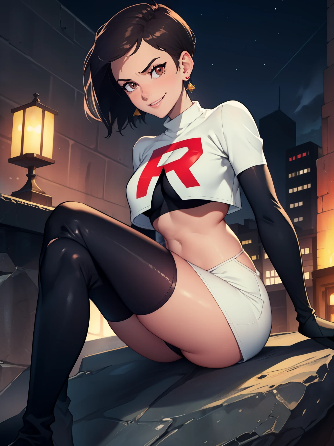 
1girl ,lois lane, tan ,short hair ,brown eyes, black hair, ,earrings, glossy lips ,team rocket uniform, red letter R, white skirt,white crop top,black thigh-high boots, black elbow gloves, evil smile, sitting down ,legs crossed, night sky background