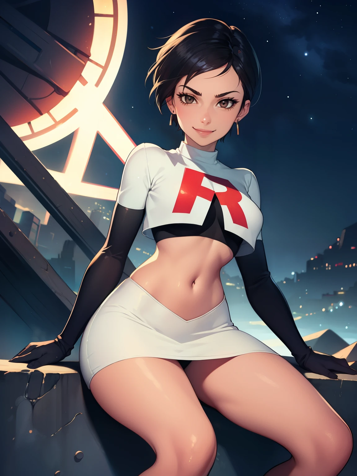 
1girl ,lois lane, tan ,short hair ,brown eyes, black hair, ,earrings, glossy lips ,team rocket uniform, red letter R, white skirt,white crop top,black thigh-high boots, black elbow gloves, evil smile, sitting down ,legs crossed, night sky background