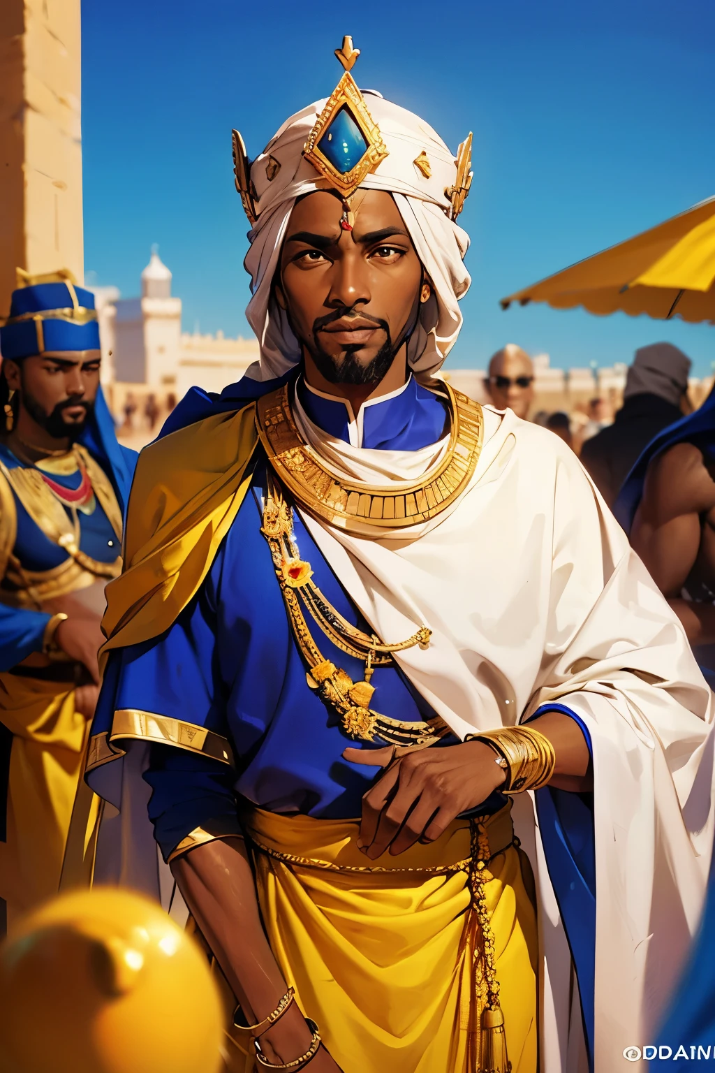 Gere uma imagem representando Mansa Musa, o governante histórico do Império do Mali, em um cenário contemporâneo. Coloque Mansa Musa em um contexto moderno com elementos reconhecíveis do Império do Mali de hoje. Certifique-se de que a imagem reflita uma mistura perfeita de elementos históricos e contemporâneos. Sinta-se à vontade para incorporar marcos, símbolos, ou cenas que representam o Império do Mali atual. mais importante, destaque a riqueza cultural e a influência de Mansa Musa no mundo de hoje e eu quero muitos acessórios de ouro nele.\