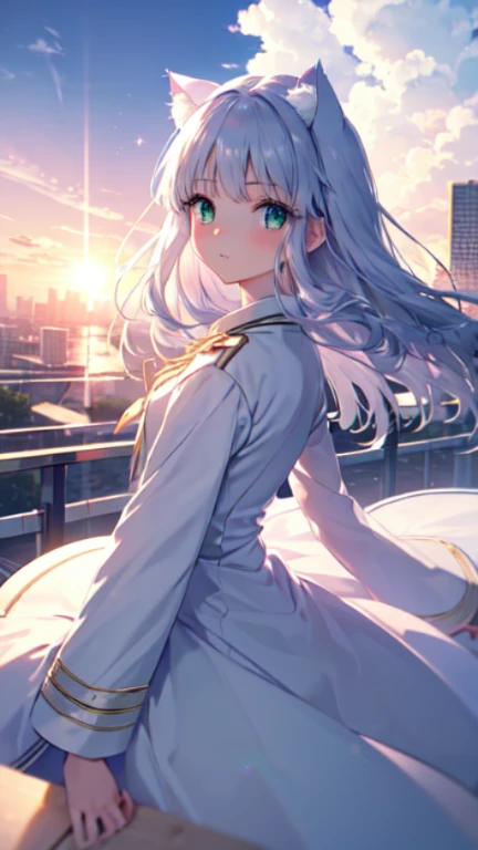 (masterpiece, highest quality, Super detailed, bloom, Warm soft light,index,index　A Certain Magical Index, modern, high tech, futuristic), From the side, 1 girl, on the road, , beautiful detailed face,long silver hair, cat ears, Cat tail(green ruby eyes), (short clothes), look at something else