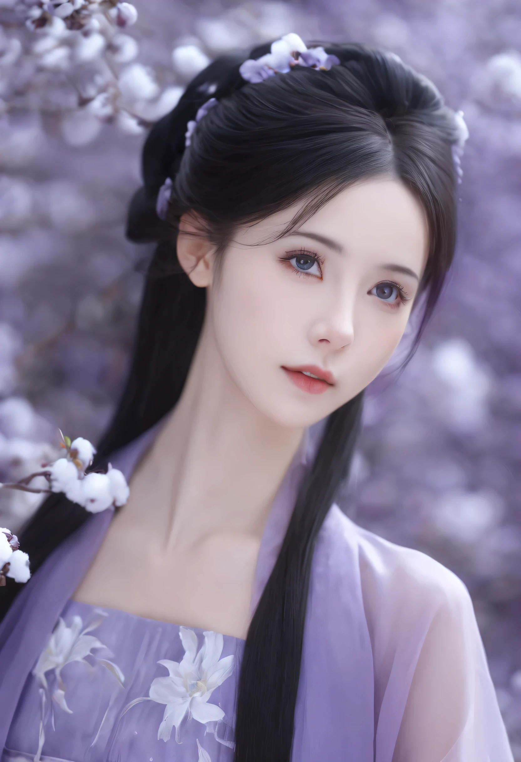 Qiman.com, A photo of a beautiful girl,( Wearing a purple dress),  looking at the audience,  (Upper body ||whole body:1.2), black hair,  cloth,holography,white flowers in the background  , (perfect eyes, beautiful face and black eyes:1.3, natural skin), (detail:1.1), lifelike, Surreal,32k,original photo, 8k ultra high definition, SLR camera, high quality, film grain, 