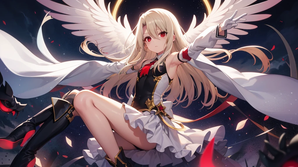 Illyasviel von Einzbern, blonde hair, hair between eyes, long hair, (red eyes:1.5),A cool girl boots, Detached sleeves, , White gloves, white skirt, absolute chance,，god of destruction，annihilation without life，Psychic God of Life and Death，The sky is dark