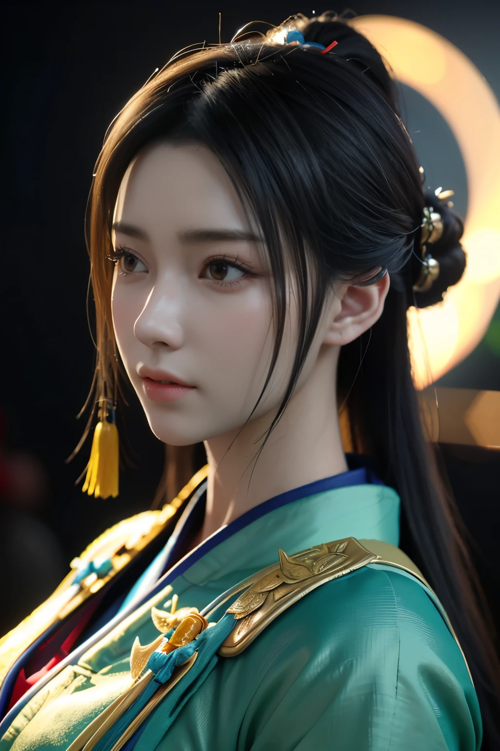Game art，The best picture quality，Highest resolution，8K，(A bust photograph)，(Portrait)，(Head close-up)，(Rule of thirds)，Unreal Engine 5 rendering works， (The Girl of the Future)，(Female Warrior)， 
20-year-old girl，(The generals of ancient China)，An eye rich in detail，(Big breasts)，Elegant and noble，indifferent，brave，
(Wearing ancient Chinese cloth，Chinese Hanfu，Costumes of the Tang Dynasty，Costumes are rich in detail，Simple shades)，Chinese Characters，Fantasy style，
Photo poses，Field background，Movie lights，Ray tracing，Game CG，((3D Unreal Engine))，oc rendering reflection pattern