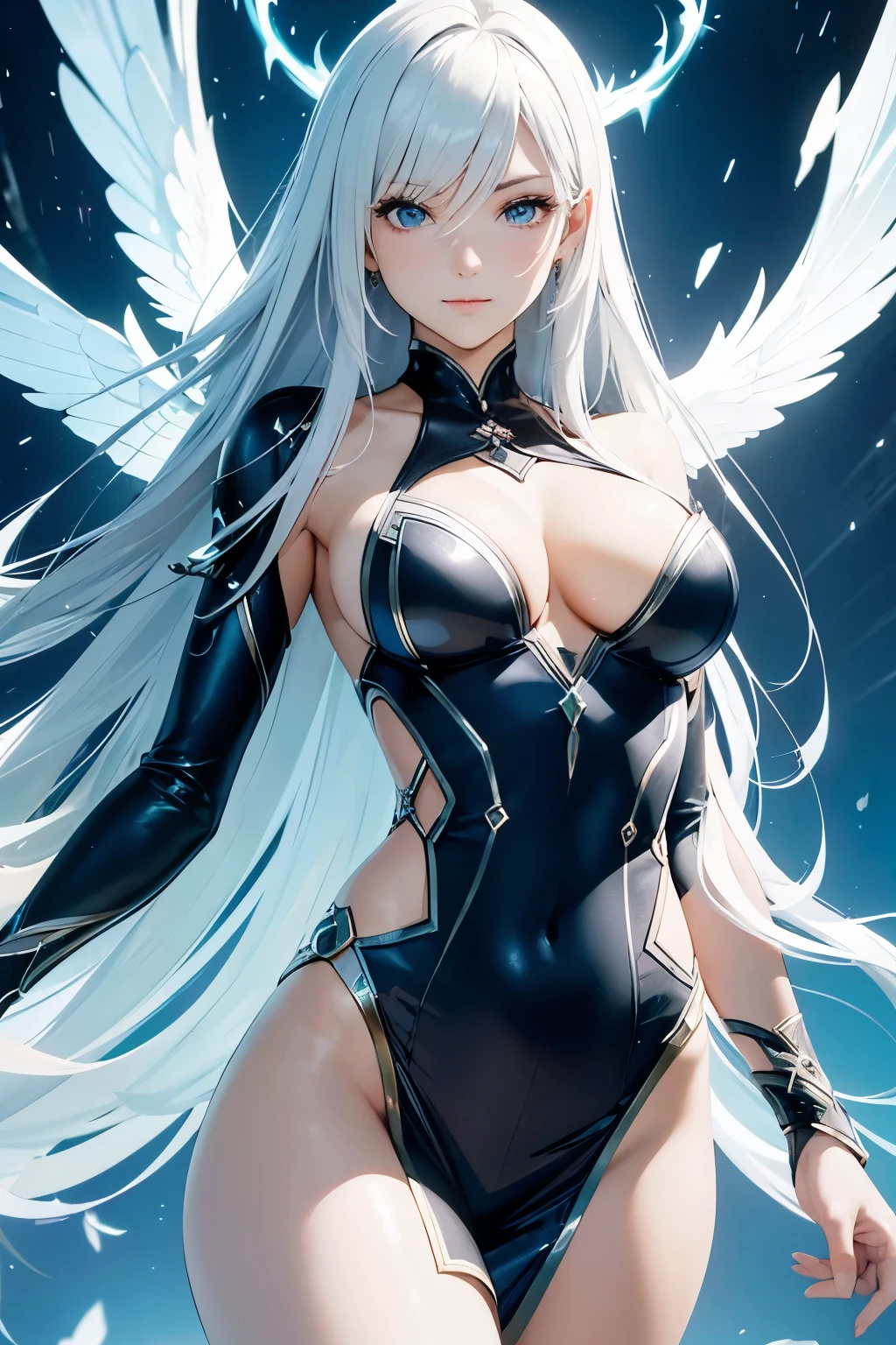 A woman in a black bodysuit with white wings on her chest - SeaArt AI