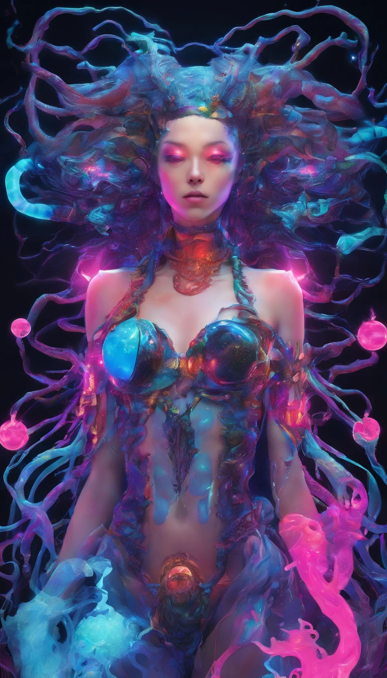 seabed，in water ，Magic ，Hair flows in the water，Looks like a whole body，background，majestic，Full of fantastic marine elements，shell，circle, Improving atmospheric algae and marine life，towards the camera，stretch hand forward，手にMagic杖，Demon King、Gender unknown、scared、colorful、mysterious、jellyfish、coral、monster