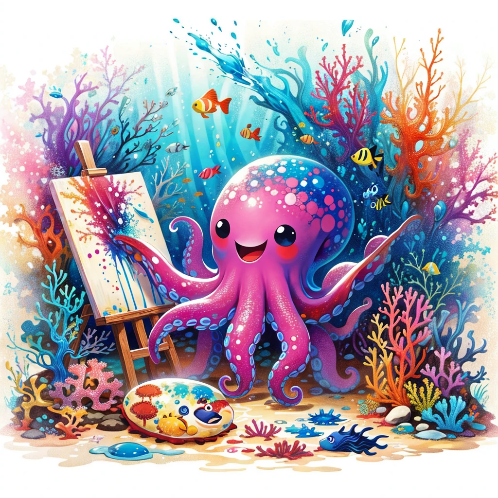 Continue with the same style and whimsical atmosphere as the previous illustrations, depicting an underwater world with a cute octopus engaging in painting. Emphasize the intense splatter effect of oil paint and colorful ink, with more splashes on the canvas and on the octopus itself. The octopus should appear happily engaged in its artistic activity, surrounded by a vibrant aquatic environment with coral and marine life.