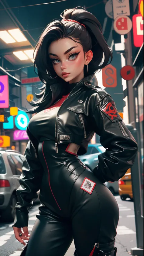 ((Best quality)), ((masterpiece)), (highly detailed:1.3), 3D, beautiful cyberpunk:, stylish emmanorts woman looking at camera bl...