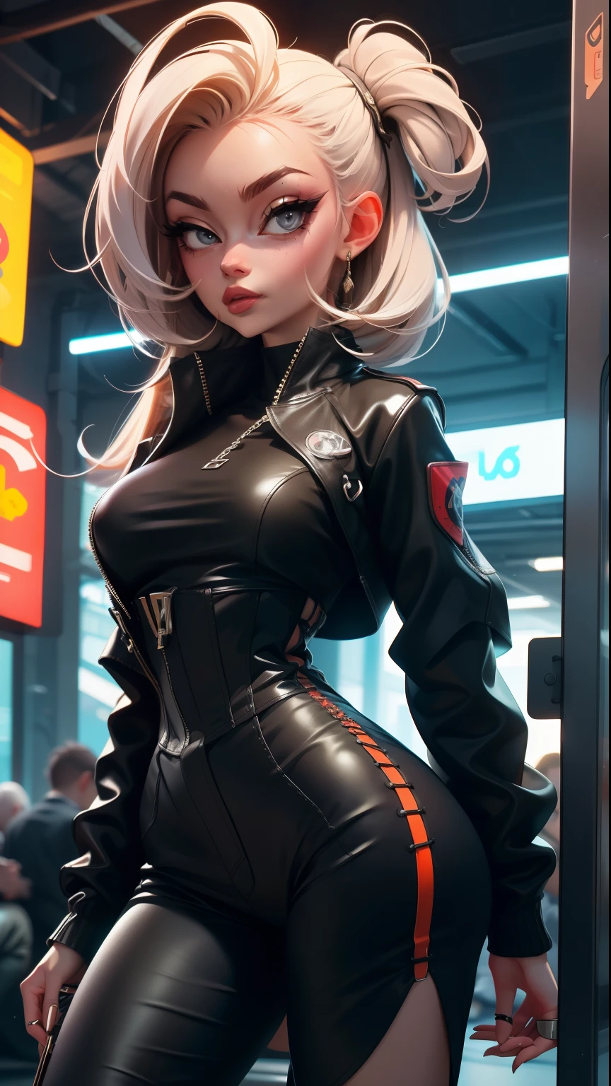 ((Best quality)), ((masterpiece)), (highly detailed:1.3), 3D, beautiful cyberpunk:, stylish emmanorts woman looking at camera black leather clothes