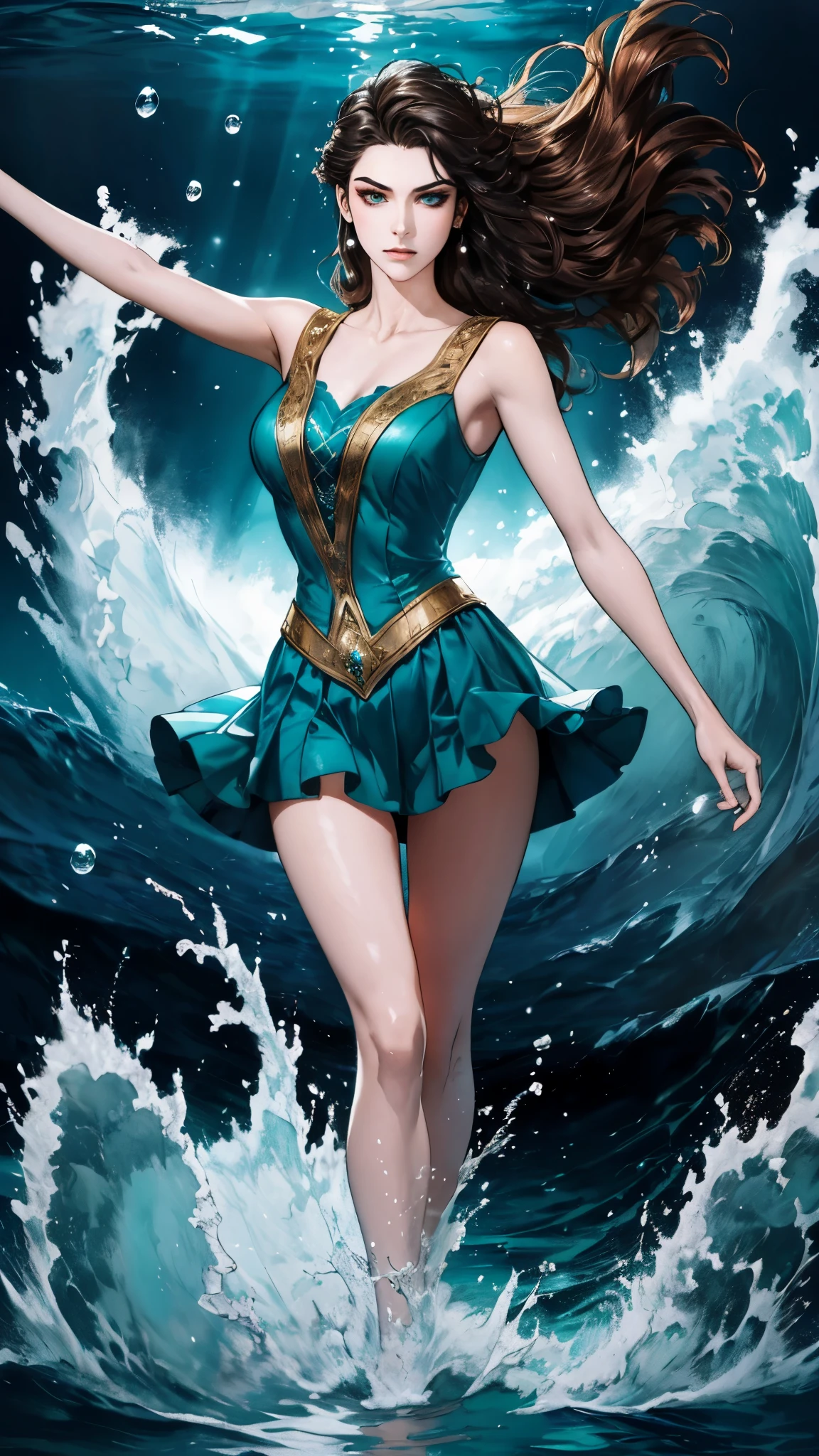 A beautiful woman with cascading waves of aqua-blue long hair, exquisite facial features, a melancholic expression, delicate and bright eyes, skin as smooth and radiant, her slender and graceful figure dances like water splashes in the wind, a splendid fantasy-style islander ethnic costume, a short skirt resembling ocean waves, her slender legs leap lightly above the water surface, surrounded by splashing droplets that dance in the air, this character embodies a finely crafted fantasy-style female dancer in anime style, exquisite and mature manga art style, high definition, best quality, highres, ultra-detailed, ultra-fine painting, extremely delicate, professional, anatomically correct, symmetrical face, extremely detailed eyes and face, high quality eyes, creativity, RAW photo, UHD, 8k, Natural light, cinematic lighting, masterpiece-anatomy-perfect, masterpiece:1.5
