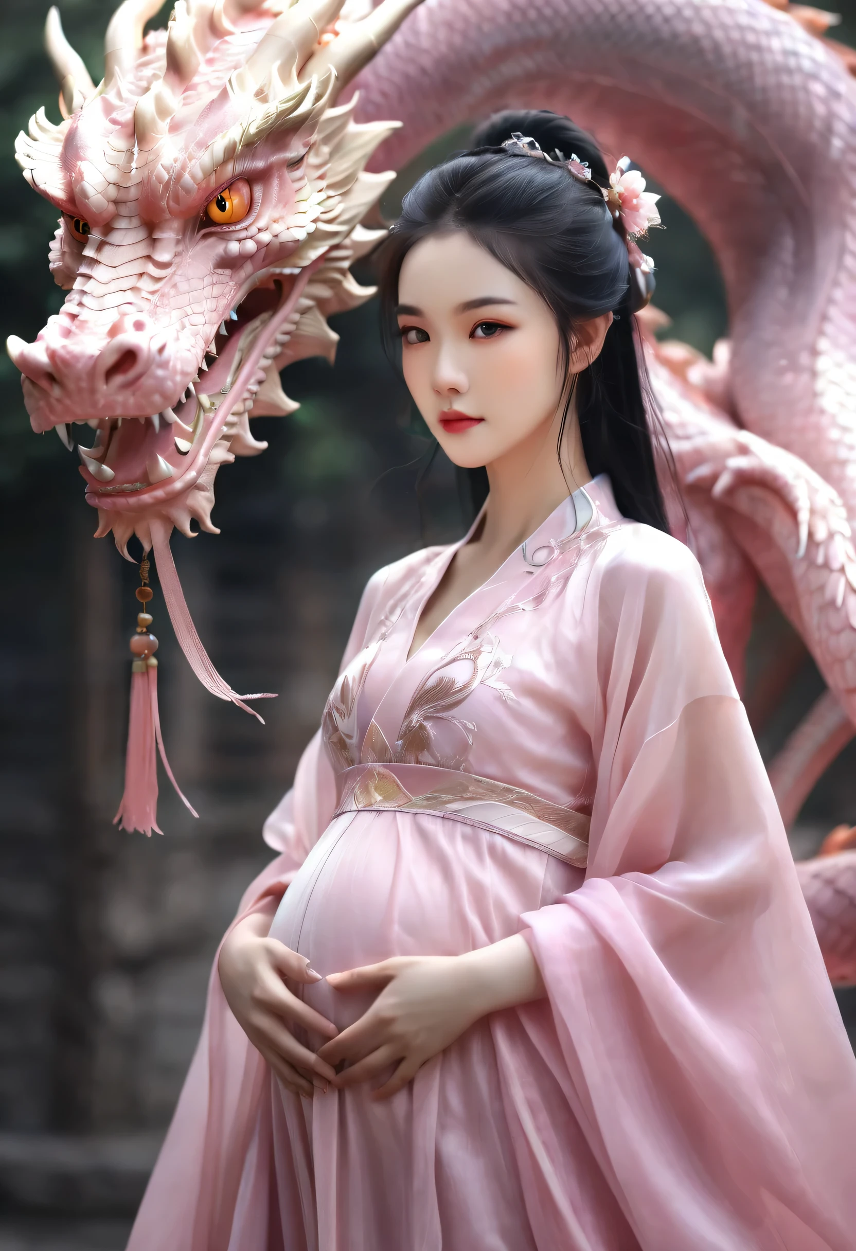 wearing a pink dress、Pregnant woman with a dragon on her back, xianxia fantasy, Chinese fantasy, beautiful fantasy art, dragon girl, very beautiful fantasy art, amazing fantasy art, beautiful fantasy, fantasy beauty, digital fantasy art ), Human and dragon fusion, breathtaking fantasy art, fantasy art, fantasy art style, Soft and delicate dragon-like characteristics