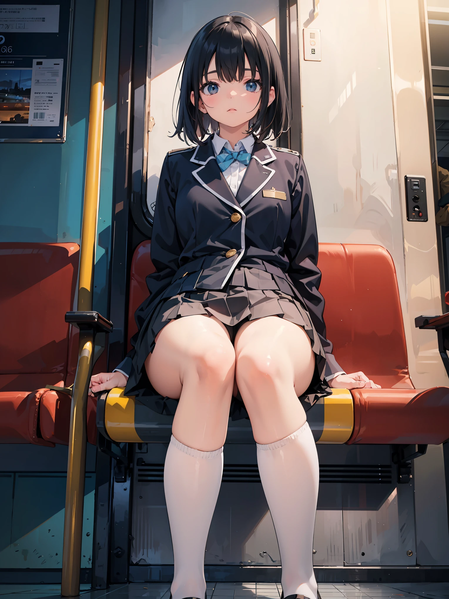 "(masterpiece, High resolution, Ultra High resolution, 4K) black hair, Japan girl at 14 years old, uniform skirt, emphasizing thighs, white thighs, soft thighs, Gorgeous thighs, Sitting on the train, face to face angle, (angle from below),sitting on a train seat,sitting in front,Crotch zoom camera,Put your feet on the train floor,whole body,Sleepy looking down,only looking at the viewer", highest quality, 超High resolution, (realistic:1.4),, High resolution, detailed, RAW photo, Shapuri, Nikon D850 Film Stock Photo by Lee Jefferies 4 Kodak Portra 400 Camera F1.6 lens rich colors hyper realistic lively textures dramatic lighting unreal engine artstation trends cinestir 800,