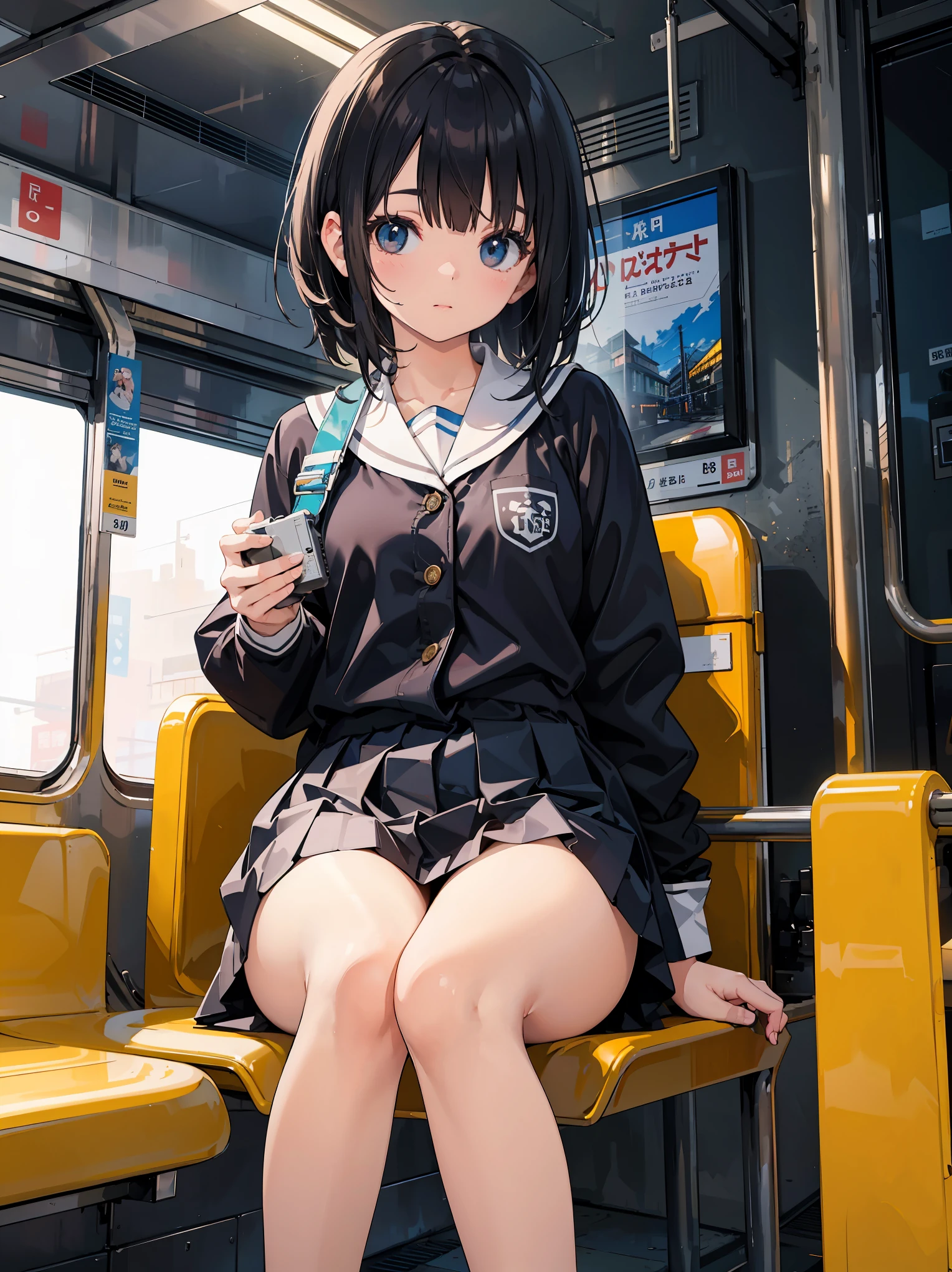 "(masterpiece, High resolution, Ultra High resolution, 4K) black hair, Japan girl at 14 years old, uniform skirt, emphasizing thighs, white thighs, soft thighs, Gorgeous thighs, Sitting on the train, face to face angle, (angle from below),sitting on a train seat,sitting in front,Crotch zoom camera,Put your feet on the train floor,whole body,Sleepy looking down,only looking at the viewer", highest quality, 超High resolution, (realistic:1.4),, High resolution, detailed, RAW photo, Shapuri, Nikon D850 Film Stock Photo by Lee Jefferies 4 Kodak Portra 400 Camera F1.6 lens rich colors hyper realistic lively textures dramatic lighting unreal engine artstation trends cinestir 800,