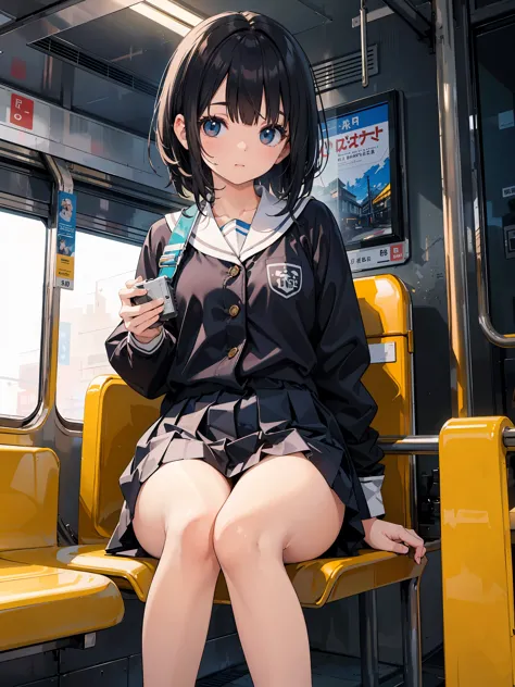 "(masterpiece, High resolution, Ultra High resolution, 4K) black hair, Japan girl at 14 years old, uniform skirt, emphasizing thighs, white thighs, soft thighs, Gorgeous thighs, Sitting on the train, face to face angle, (angle from below),sitting on a trai...