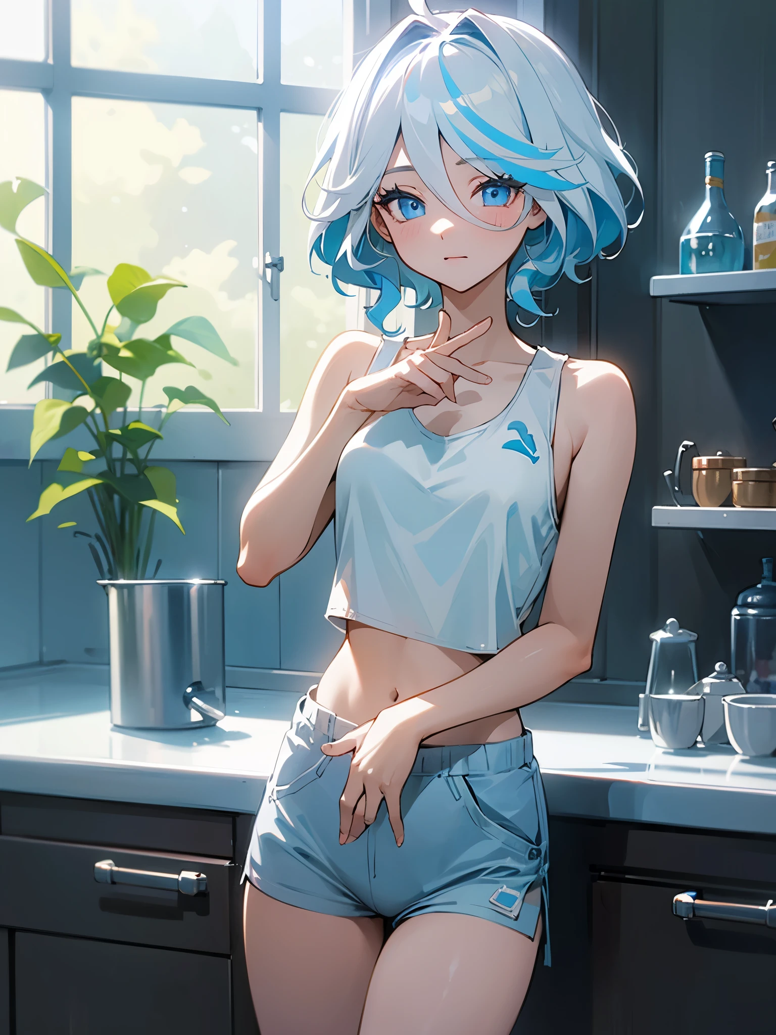 1個女孩, 原神中的 furina, short pale blue-白色的 hair, 捲髮, 藍眼睛, different-藍眼睛, wearing 短版背心, wearing plain 白色的 短版背心, 短版背心, 白色的 短版背心 , 開襠,  白色的, 白色的 overall, 室内背景, 阳光从窗户进来, 厨房 background, 厨房, 许多家具, 欢快的气氛, 日常活动, 傑作, 8K, 高解析度, 超高畫質, 
