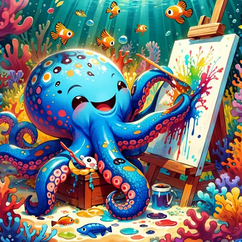 continue with the same style and whimsical atmosphere as the previous illustrations, depicting an underwater world with a cute o...