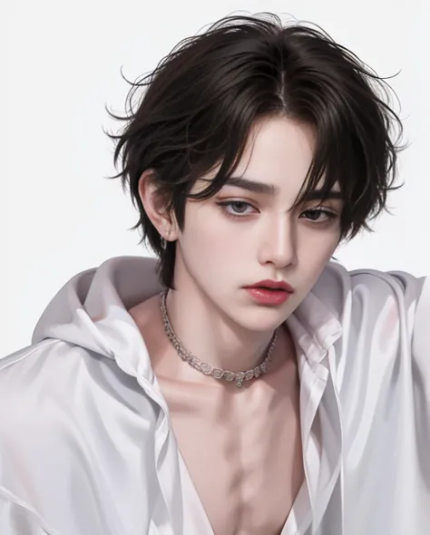 ((1male))),((ulzzang)),((messy hair)),good looking,((male)),(white background),necklace,tattoo,((korean)),model,take a pose,((sh...