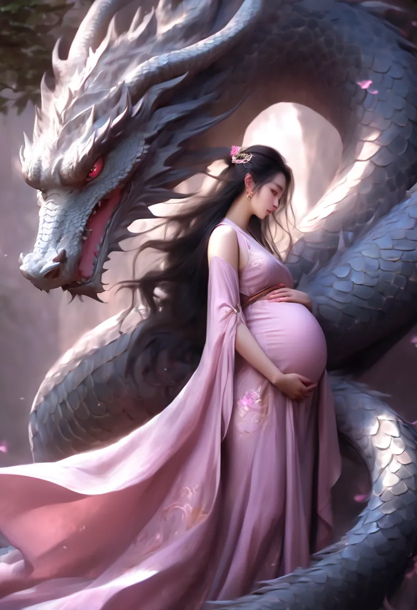 a pregnant woman woman in a pink dress with a dragon on her back, xianxia fantasy, chinese fantasy, beautiful fantasy art, drago...