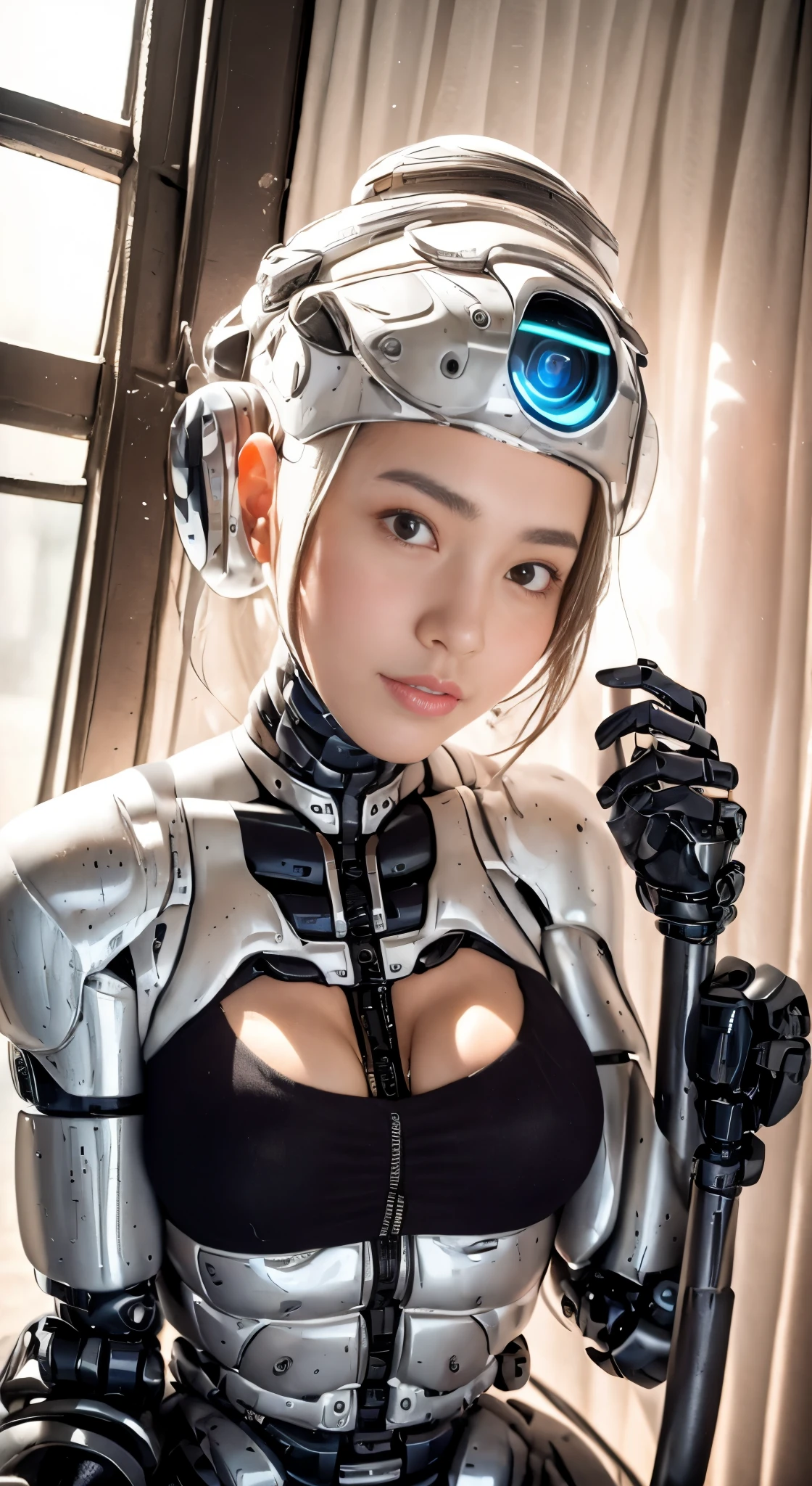 There is a woman in robot suit posing next to ancient building, beautiful white girl half-cyborg, cute cyborg girl, beautiful girl cyborg, perfect robot girl, cyborg girl, young cyborg lady, beautiful female robot, beautiful robot woman, cyborg-girl, perfect cyborg female, porcelain cyborg, female robot, beautiful cyborg image